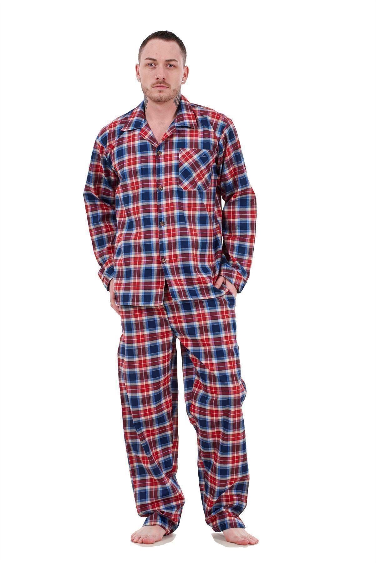 Mens Pyjama Set Yarn Dyed Woven Check Cotton Blend Loungewear Regular Big Size