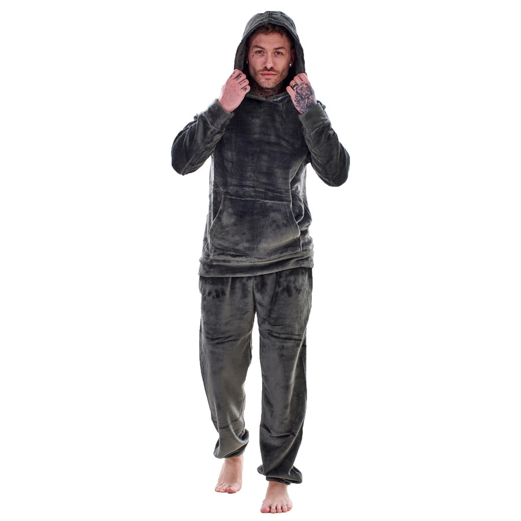 Mens Luxury Flannel Fleece Hooded Pyjamas Twosies Crew Neck Lounge Set Soft Warm