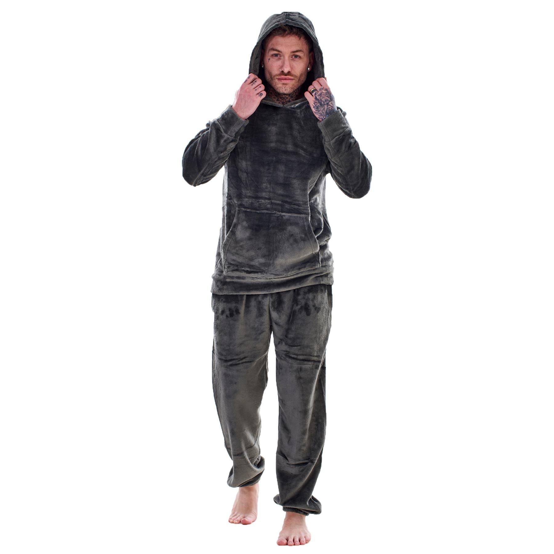 Mens Luxury Flannel Fleece Hooded Pyjamas Twosies Crew Neck Lounge Set Soft Warm
