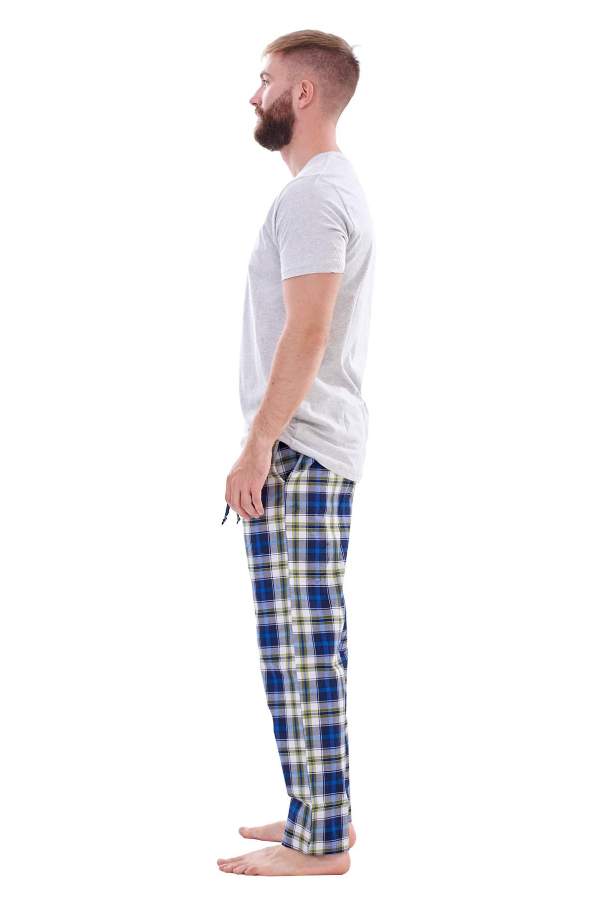 Mens Nightwear Pyjama Set Woven Cotton Check Jersey Top Loungewear Lightweight