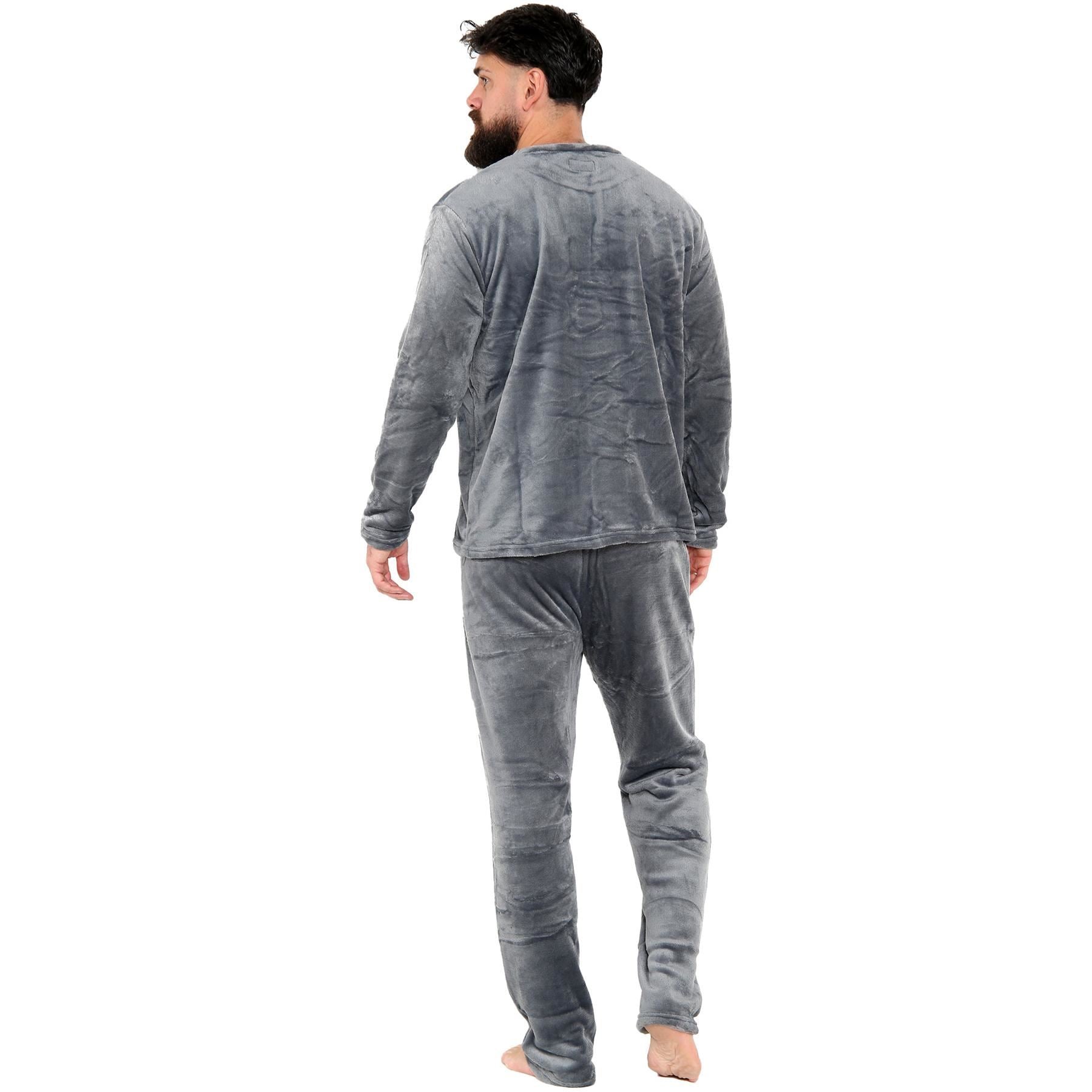Mens Pyjamas Soft Warm Fleece Adults Crew Neck Pyjamas 2 Piece Gift Set For Mens