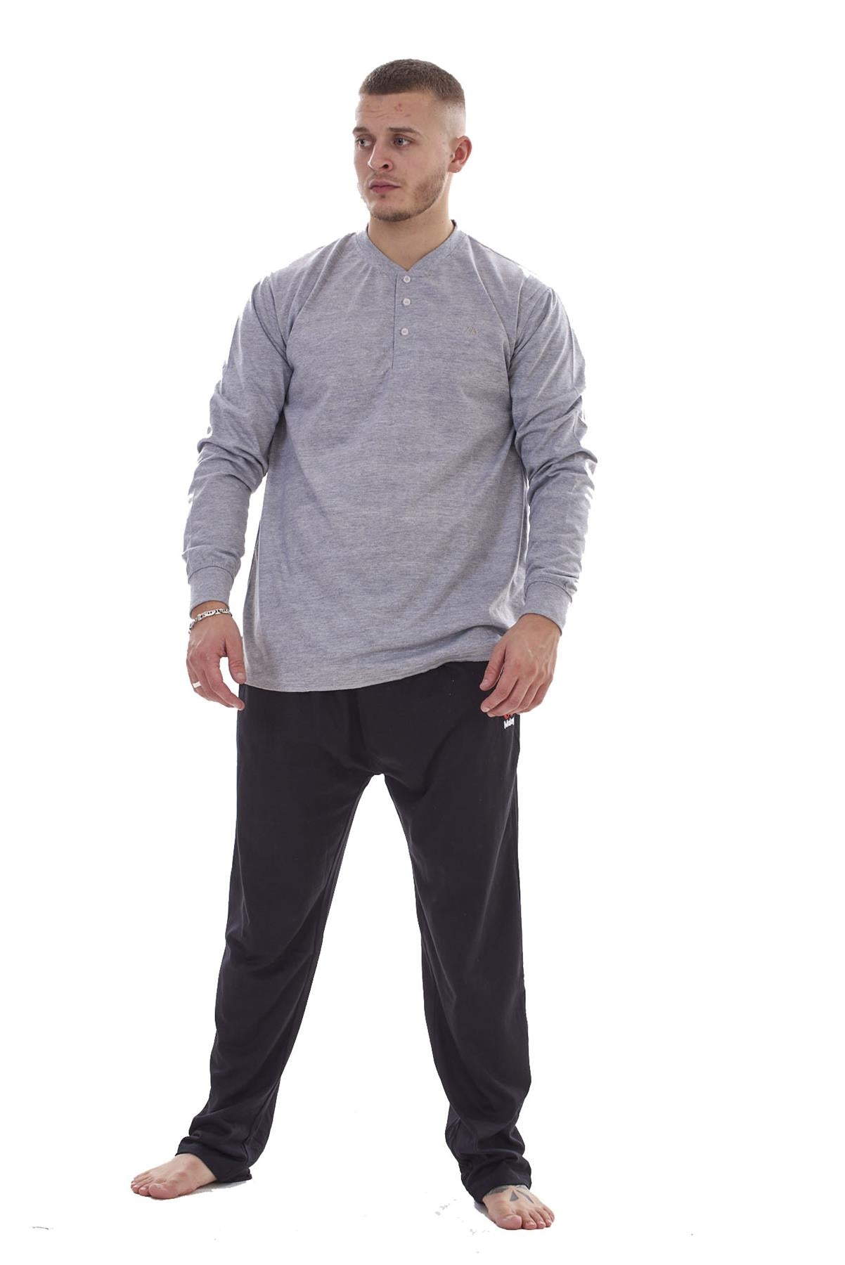 Mens Pyjama Set Cotton Jersey Henley Top Loungewear Lightweight Nightwear M-XXL