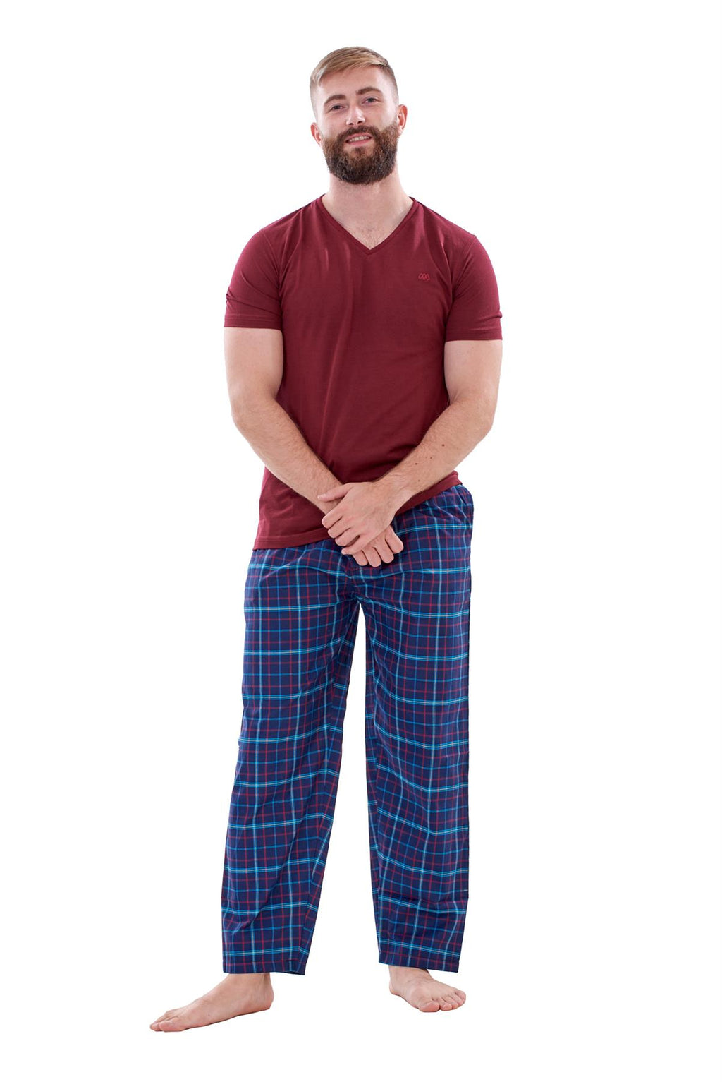 Mens Nightwear Pyjama Set Woven Cotton Check Jersey Top Loungewear Lightweight