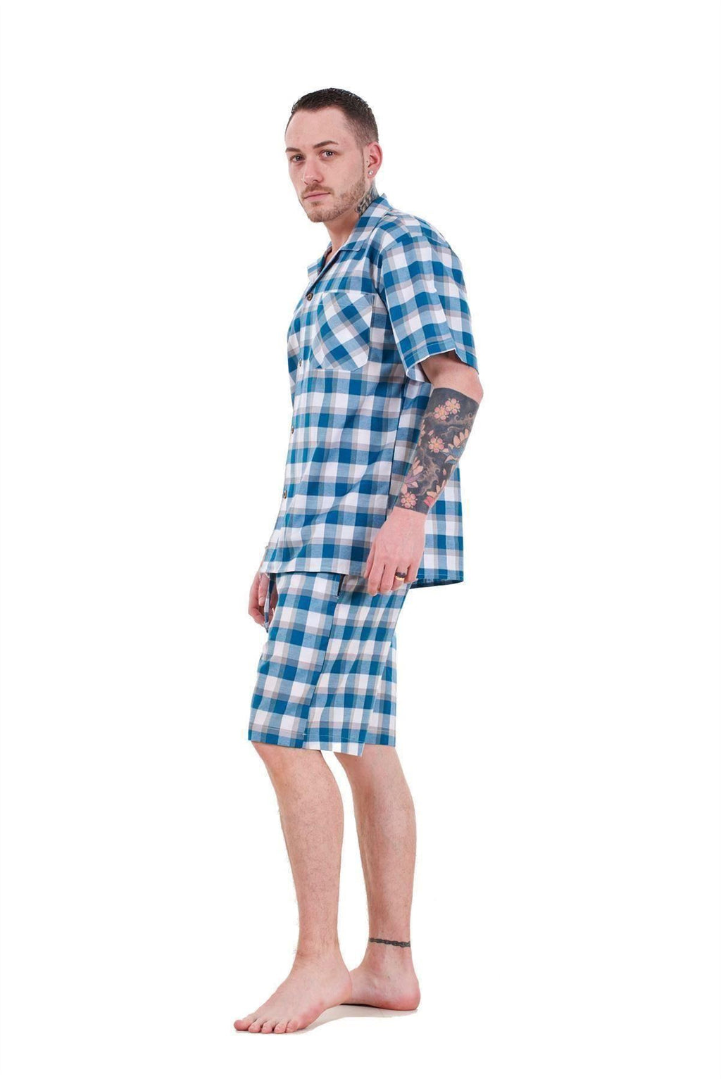 Mens Yarn Dyed Woven Pyjama Set Regular Big Size Check Cotton Blend Shorts M-5XL