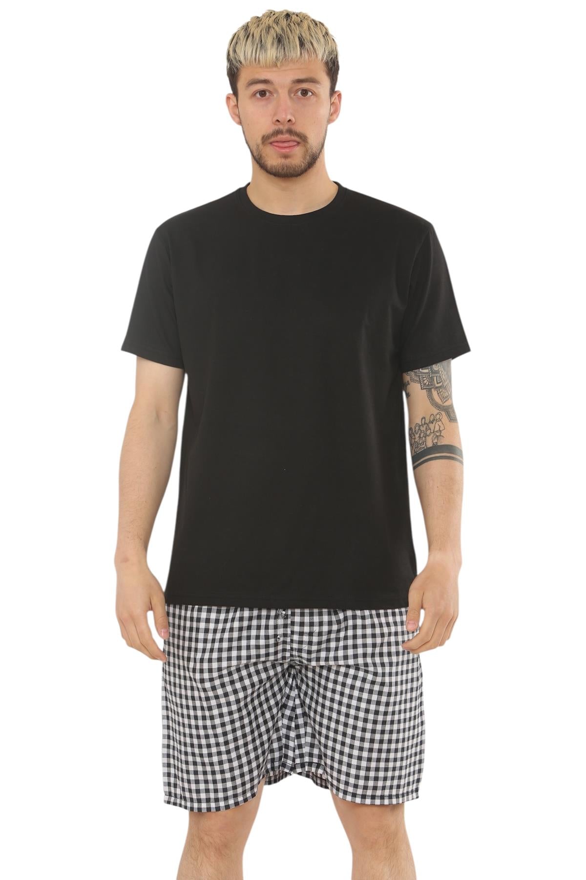 Mens Check Cotton Pyjama Set T-Shirt Woven Shorts Lounge Sleepwear Nightwear Set