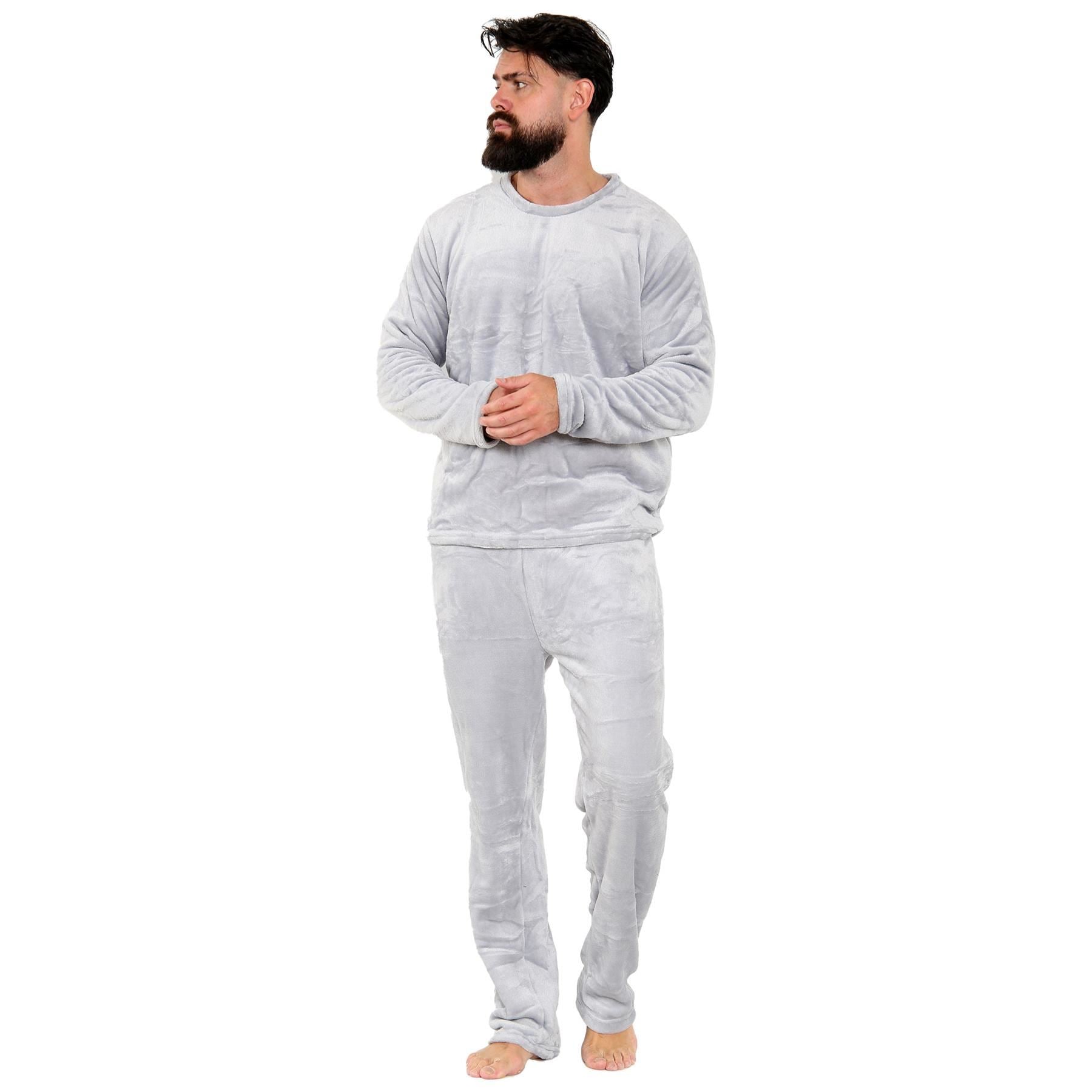 Mens Pyjamas Soft Warm Fleece Adults Crew Neck Pyjamas 2 Piece Gift Set For Mens