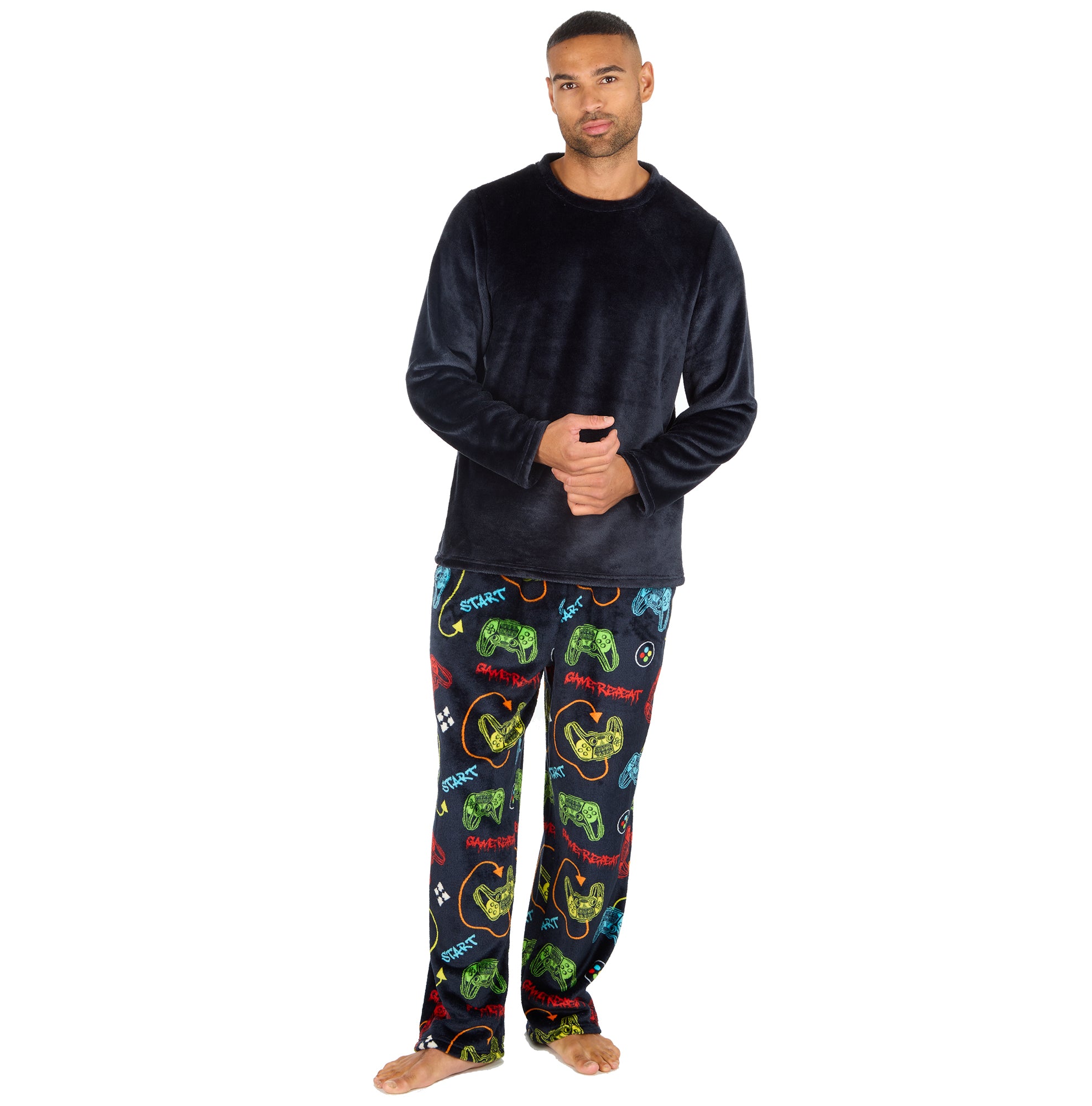 Mens Plush Fleece Lounge Set Gaming Pyjama Set Gamer Top and Bottoms PJ's S-XXL