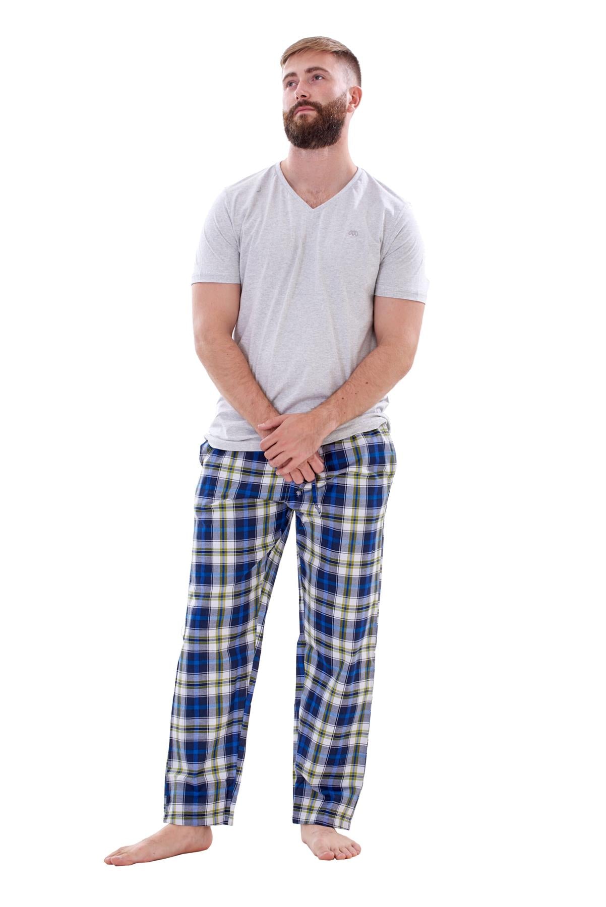 Mens Nightwear Pyjama Set Woven Cotton Check Jersey Top Loungewear Lightweight