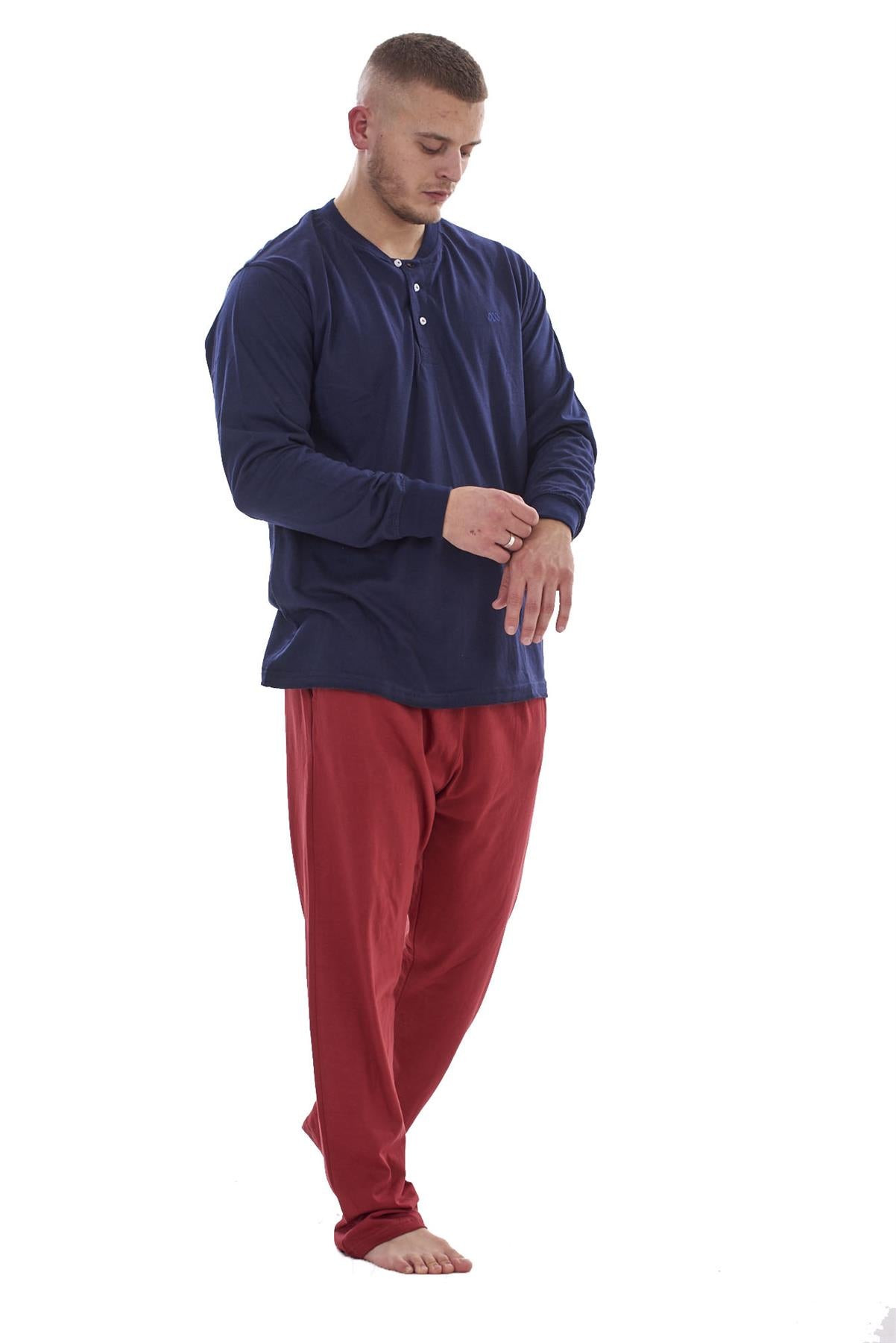 Mens Pyjama Set Cotton Jersey Henley Top Loungewear Lightweight Nightwear M-XXL