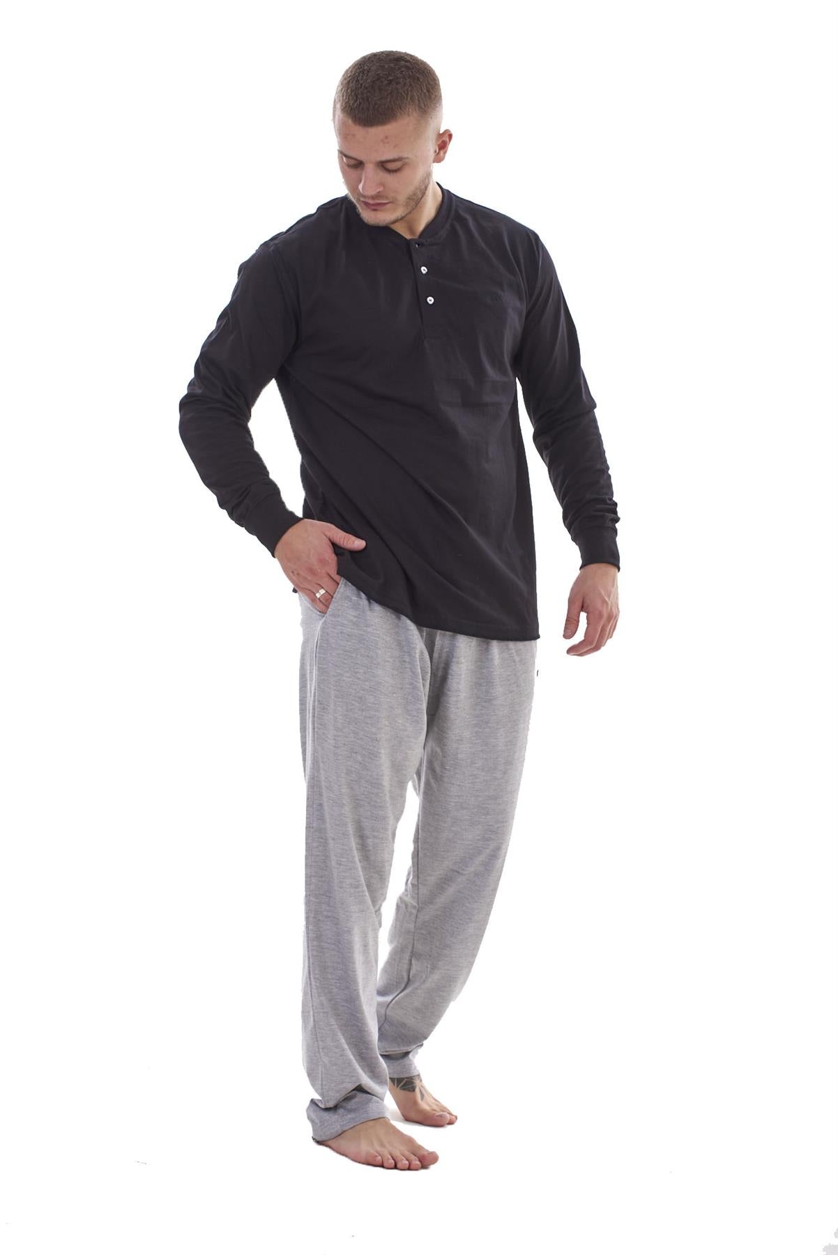 Mens Pyjama Set Cotton Jersey Henley Top Loungewear Lightweight Nightwear M-XXL