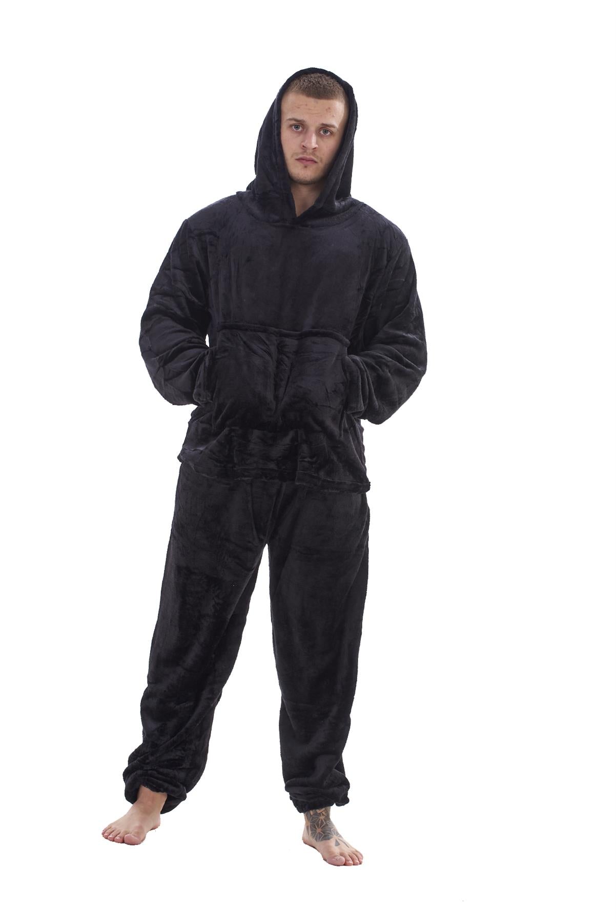 Mens Fleece Flannel Pyjama Set Hooded Warm Winter Loungewear M to XXL