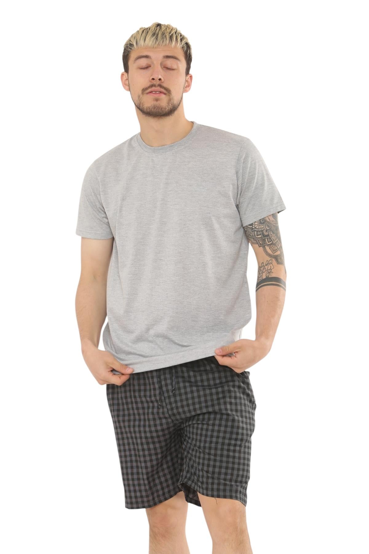Mens Check Cotton Pyjama Set T-Shirt Woven Shorts Lounge Sleepwear Nightwear Set