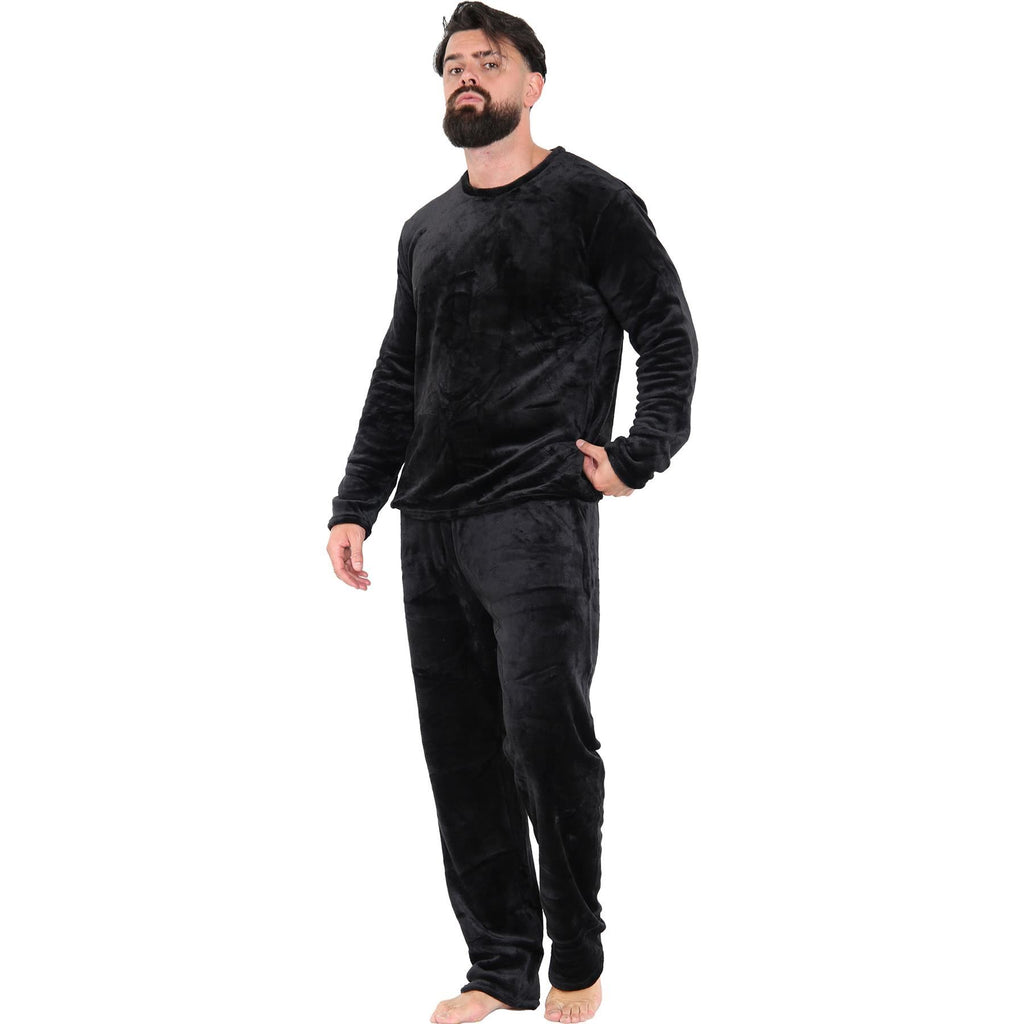 Mens Pyjamas Soft Warm Fleece Adults Crew Neck Pyjamas 2 Piece Gift Set For Mens