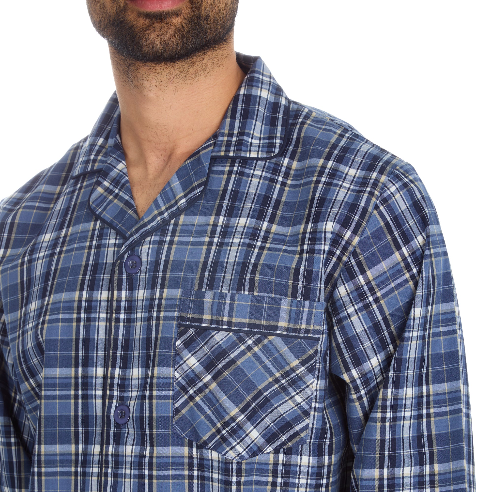 Mens 2-Piece Lounge Set Long Sleeved Shirt Long Pants Set Flannel PJs Loungewear