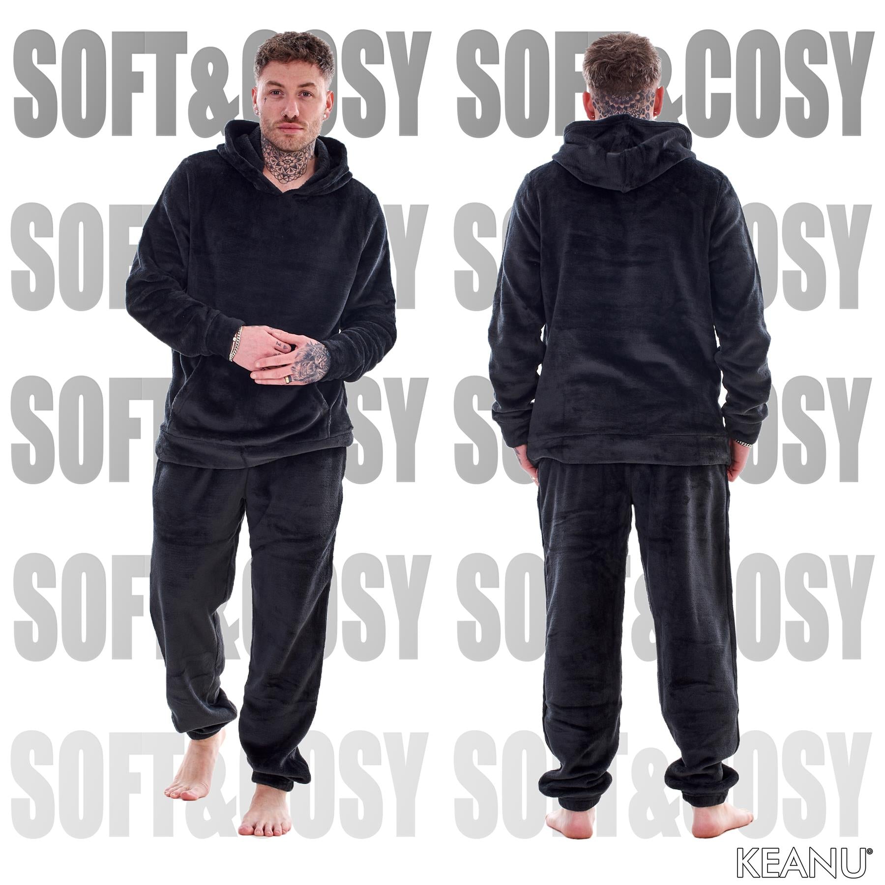 Mens Luxury Flannel Fleece Hooded Pyjamas Twosies Crew Neck Lounge Set Soft Warm
