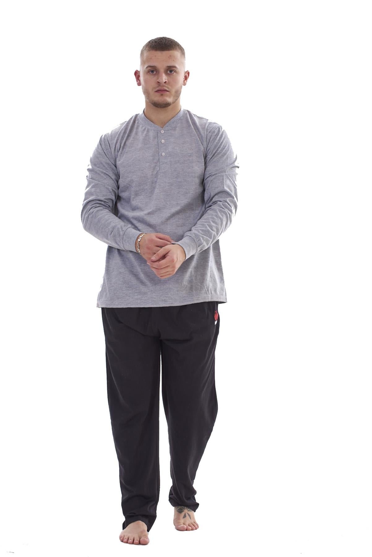 Mens Pyjama Set Cotton Jersey Henley Top Loungewear Lightweight Nightwear M-XXL