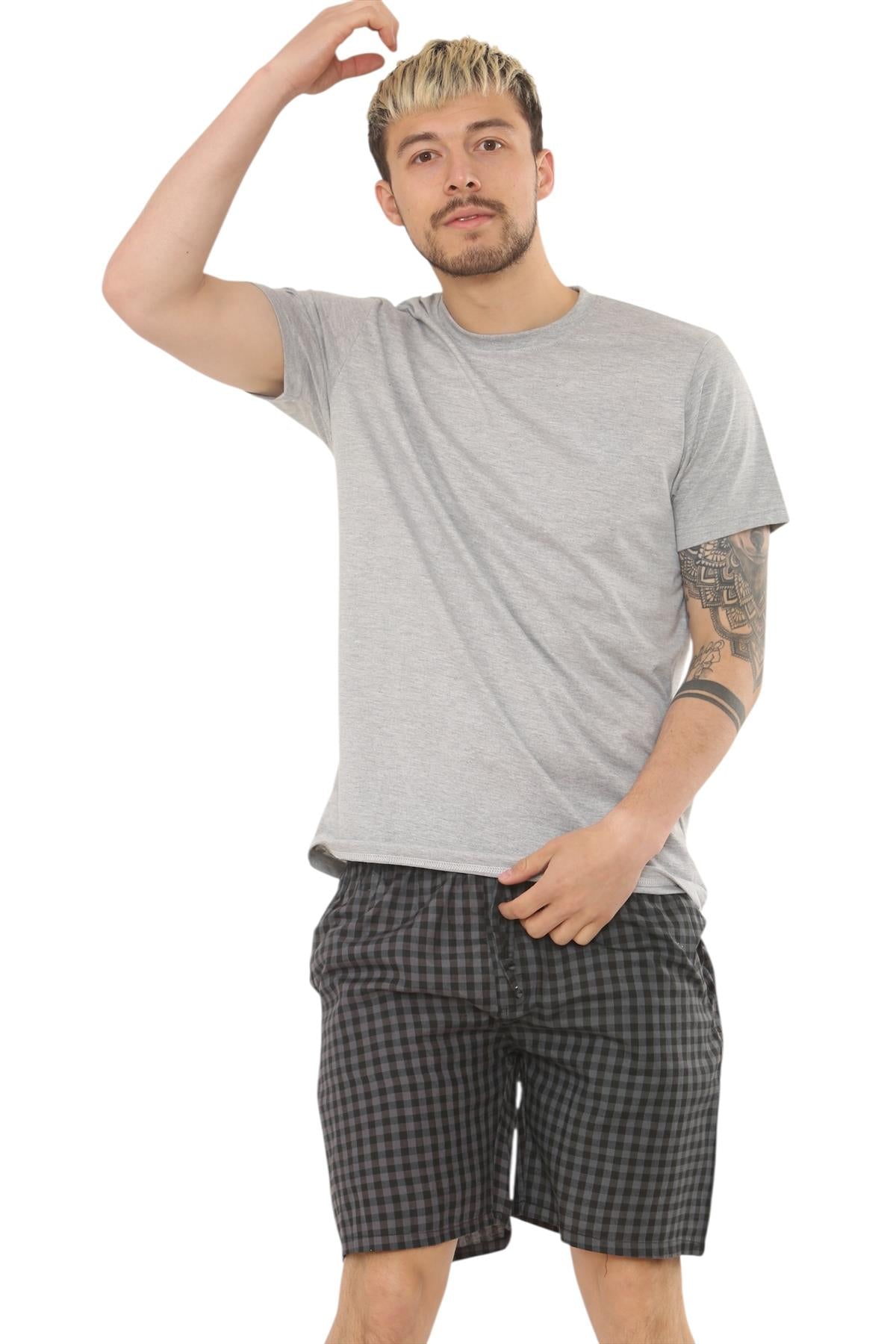 Mens Check Cotton Pyjama Set T-Shirt Woven Shorts Lounge Sleepwear Nightwear Set