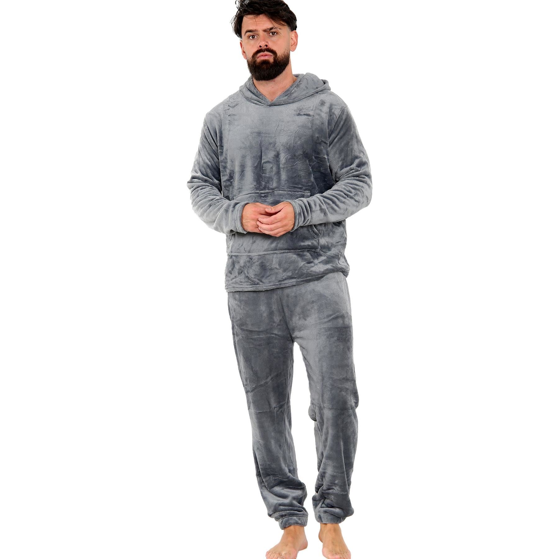Mens Pyjamas Soft Warm Fleece Adults Hooded Pyjamas 2 Piece Gift Set For Mens