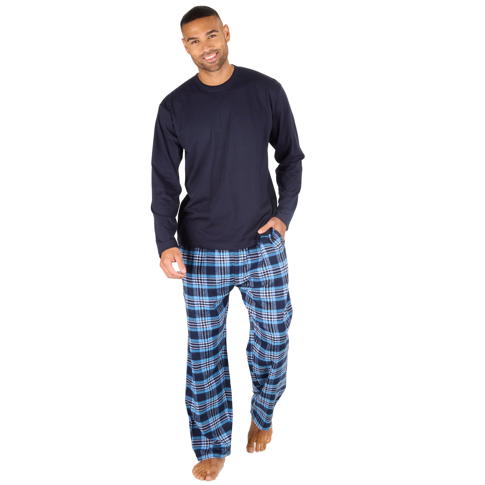 Mens Jersey Long Pyjama Set Cotton Checked Crew Neck Nightwear 2-Piece PJs M-XXL