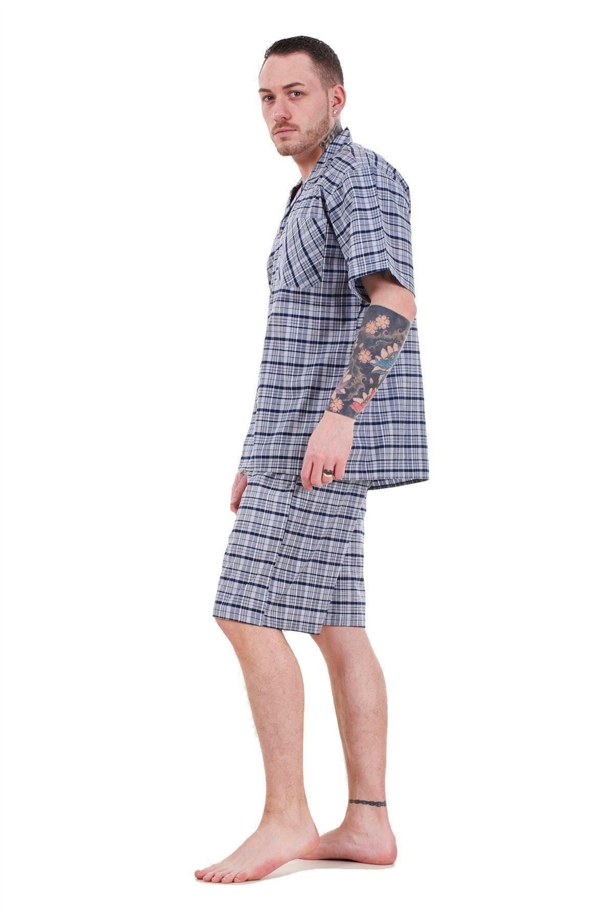 Mens Yarn Dyed Woven Pyjama Set Regular Big Size Check Cotton Blend Shorts M-5XL