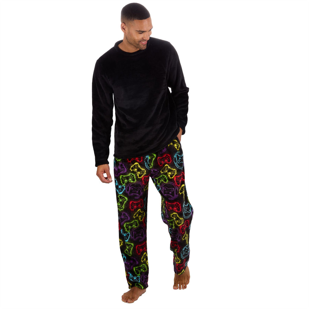 Mens Fleece Pyjamas Long Sleeve Pyjama Set Gamer Gaming Check Size S-XXL