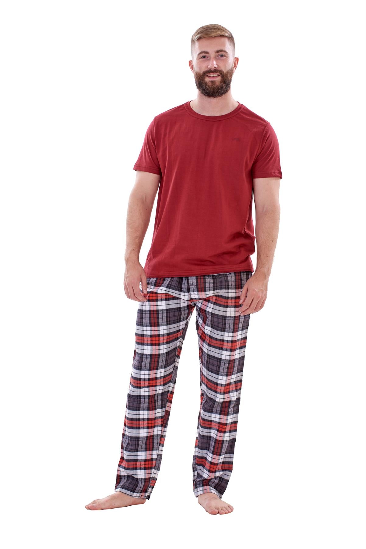 Mens Flannel Pyjama Set Brushed Cotton Check Jersey Top Loungewear Lightweight
