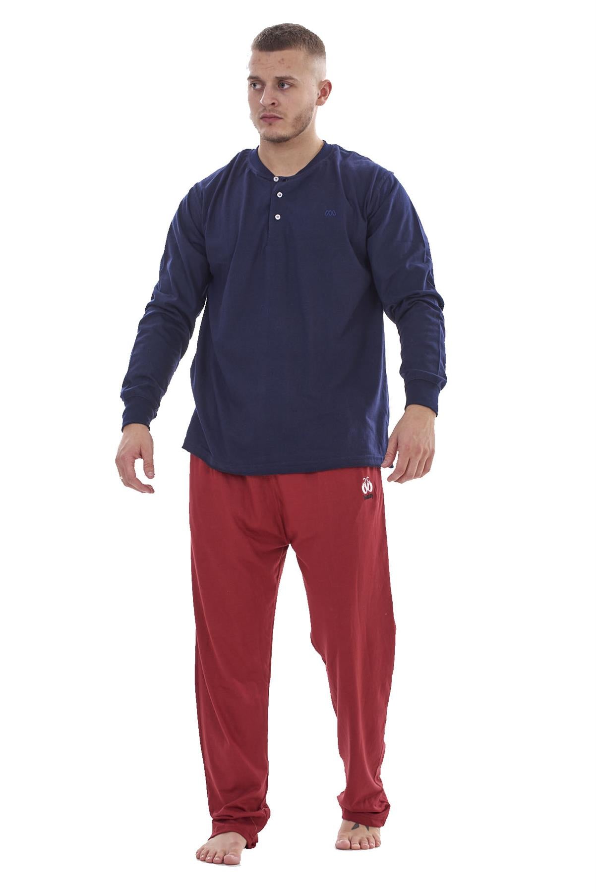 Mens Pyjama Set Cotton Jersey Henley Top Loungewear Lightweight Nightwear M-XXL