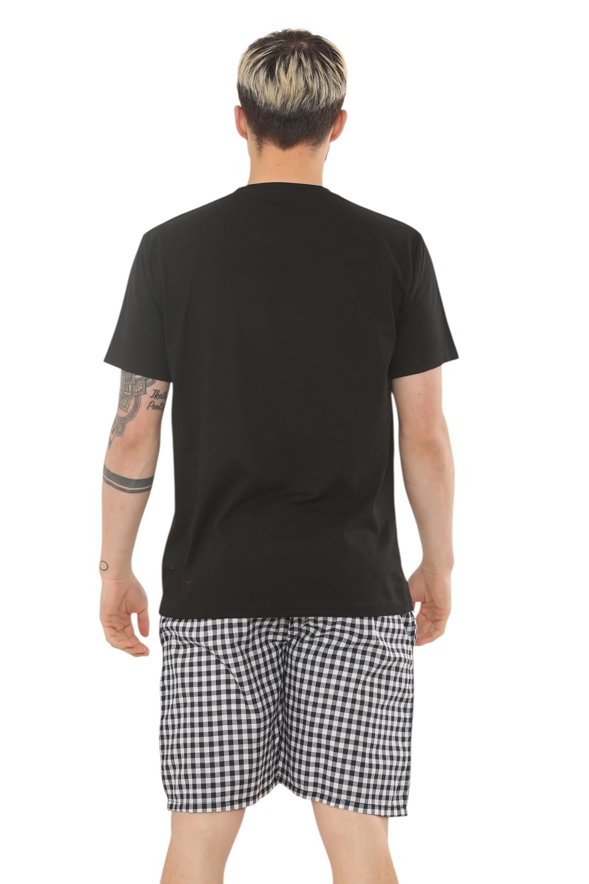 Mens Check Cotton Pyjama Set T-Shirt Woven Shorts Lounge Sleepwear Nightwear Set