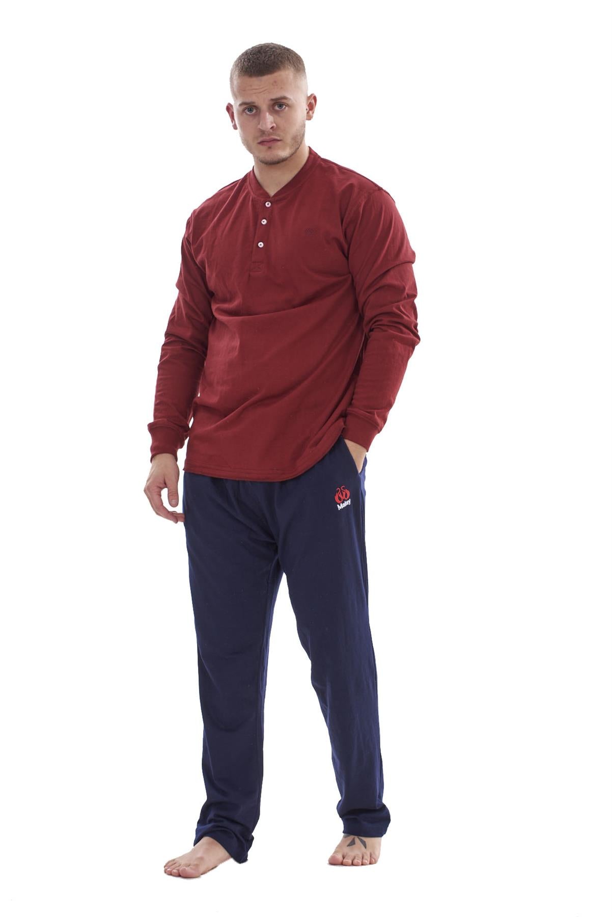 Mens Pyjama Set Cotton Jersey Henley Top Loungewear Lightweight Nightwear M-XXL
