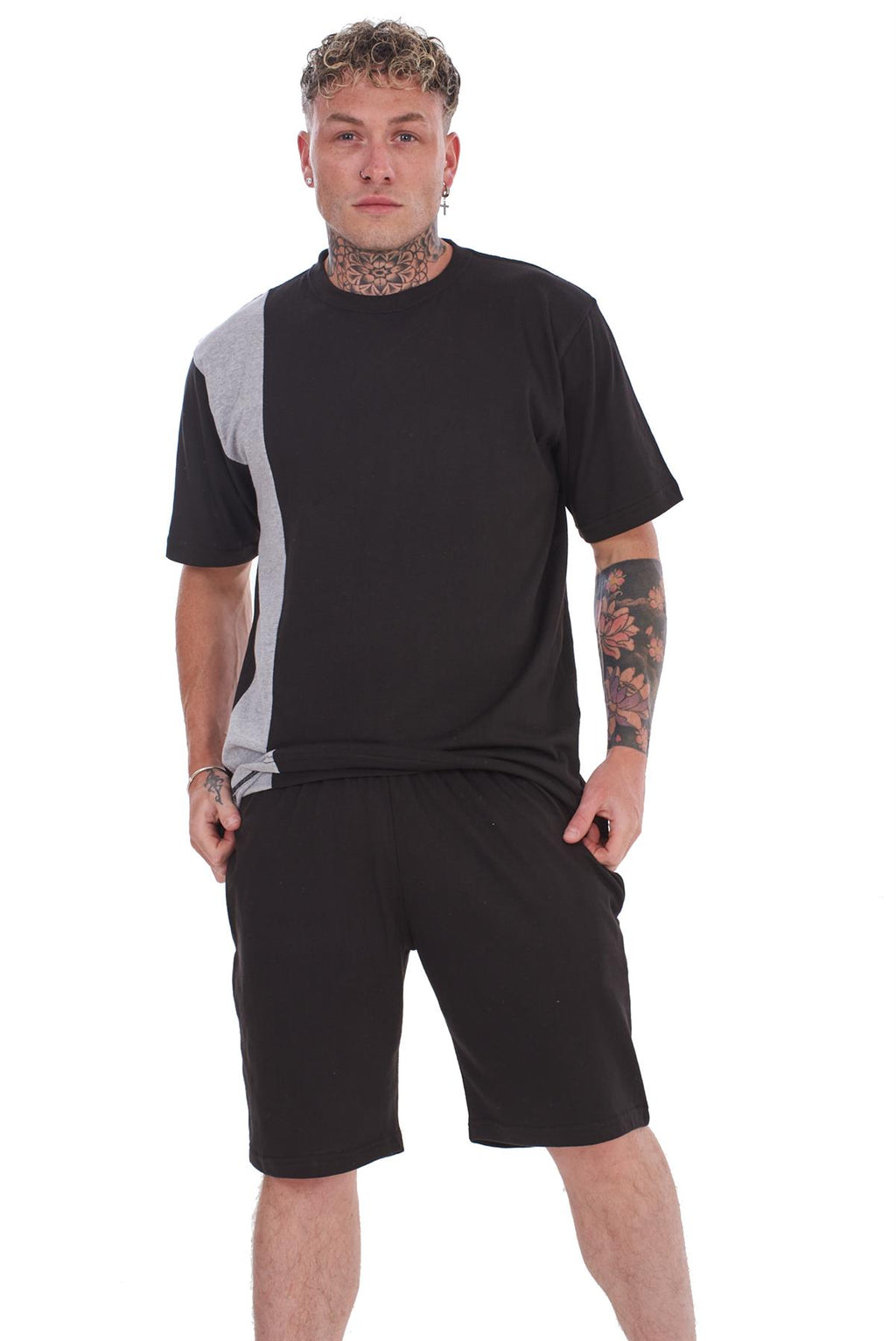Mens Contrast Panel T-Shirt & Shorts Set Summer Tracksuit 2 Piece loungewear