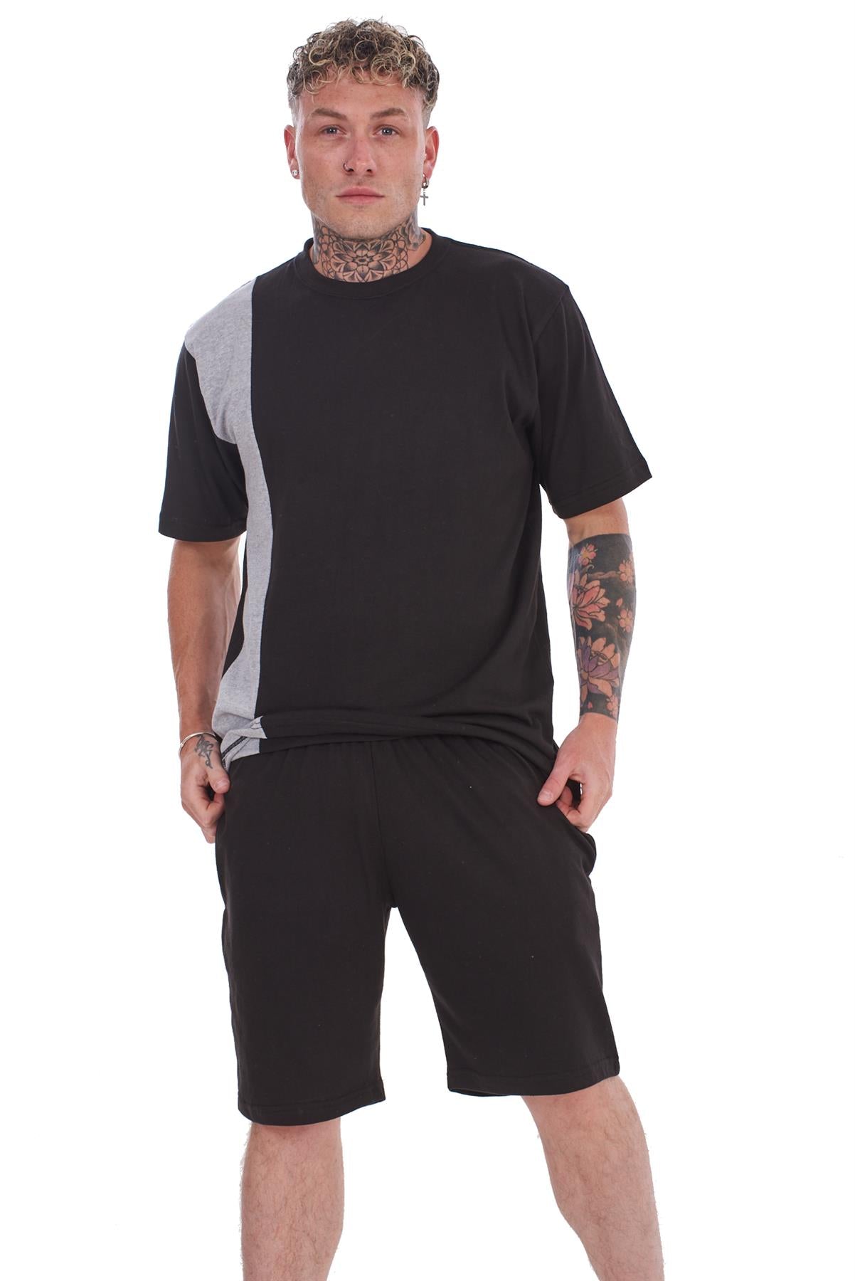Mens Contrast Panel T-Shirt & Shorts Set Summer Tracksuit 2 Piece loungewear
