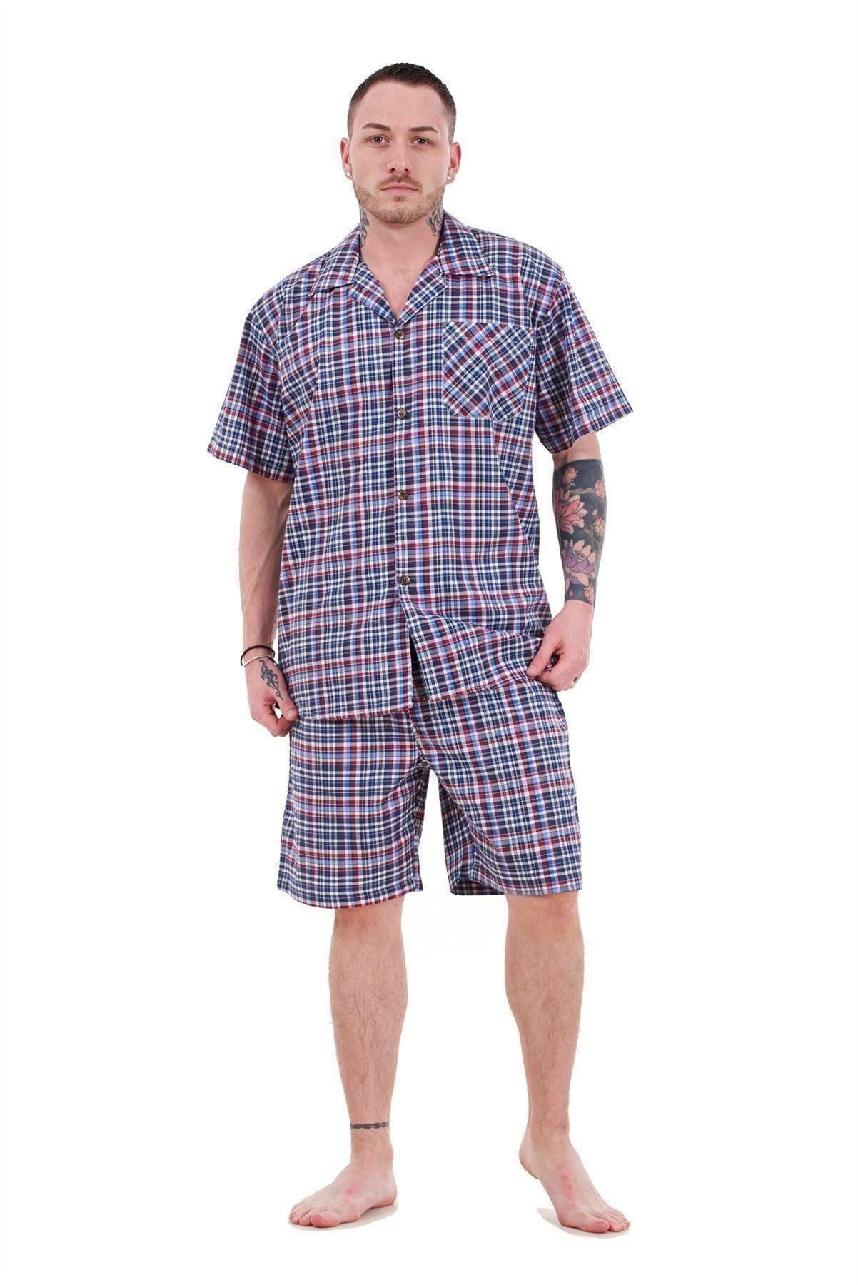 Mens Yarn Dyed Woven Pyjama Set Regular Big Size Check Cotton Blend Shorts M-5XL