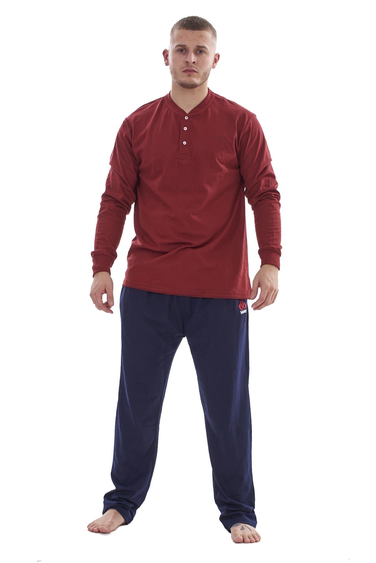 Mens Pyjama Set Cotton Jersey Henley Top Loungewear Lightweight Nightwear M-XXL