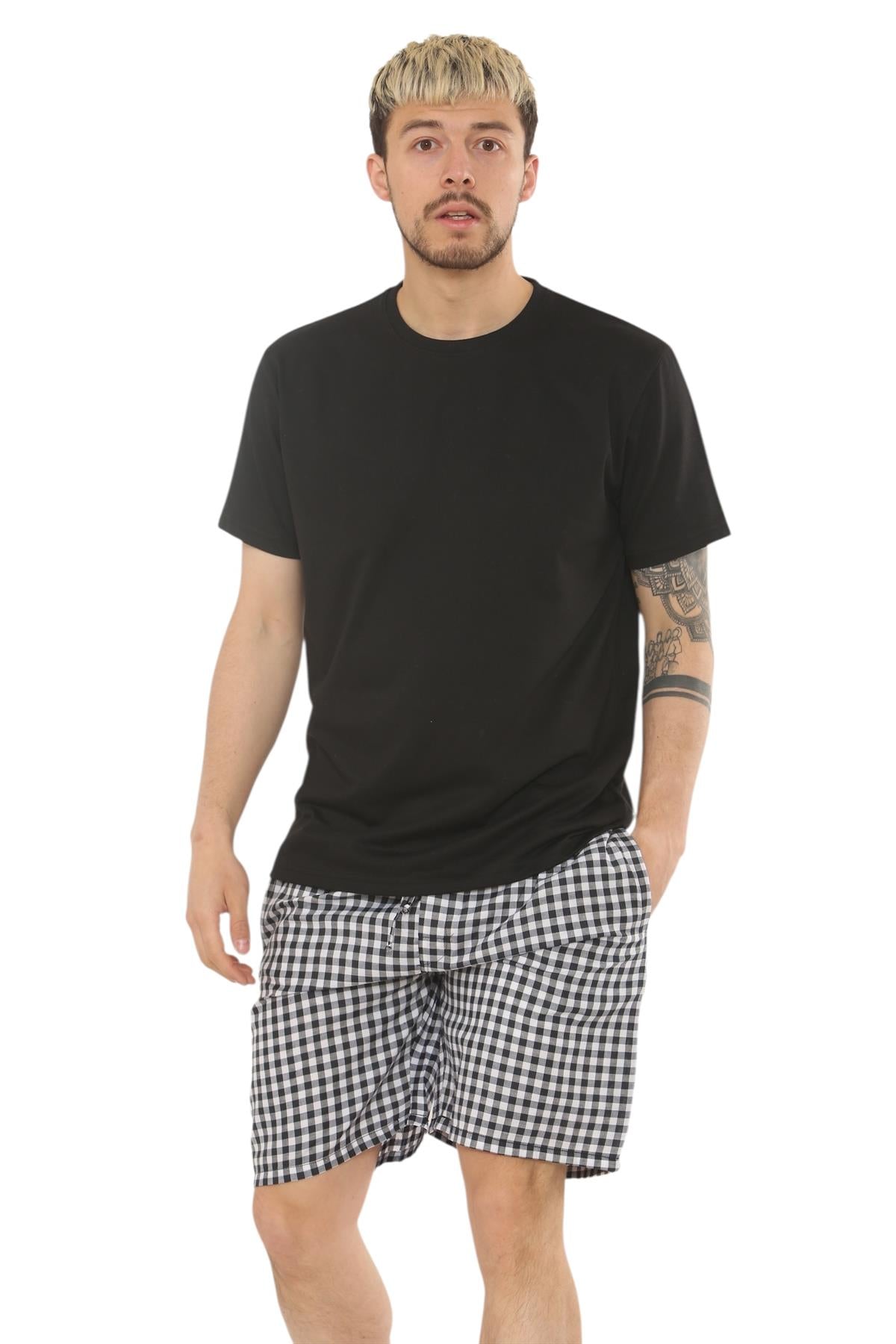 Mens Check Cotton Pyjama Set T-Shirt Woven Shorts Lounge Sleepwear Nightwear Set