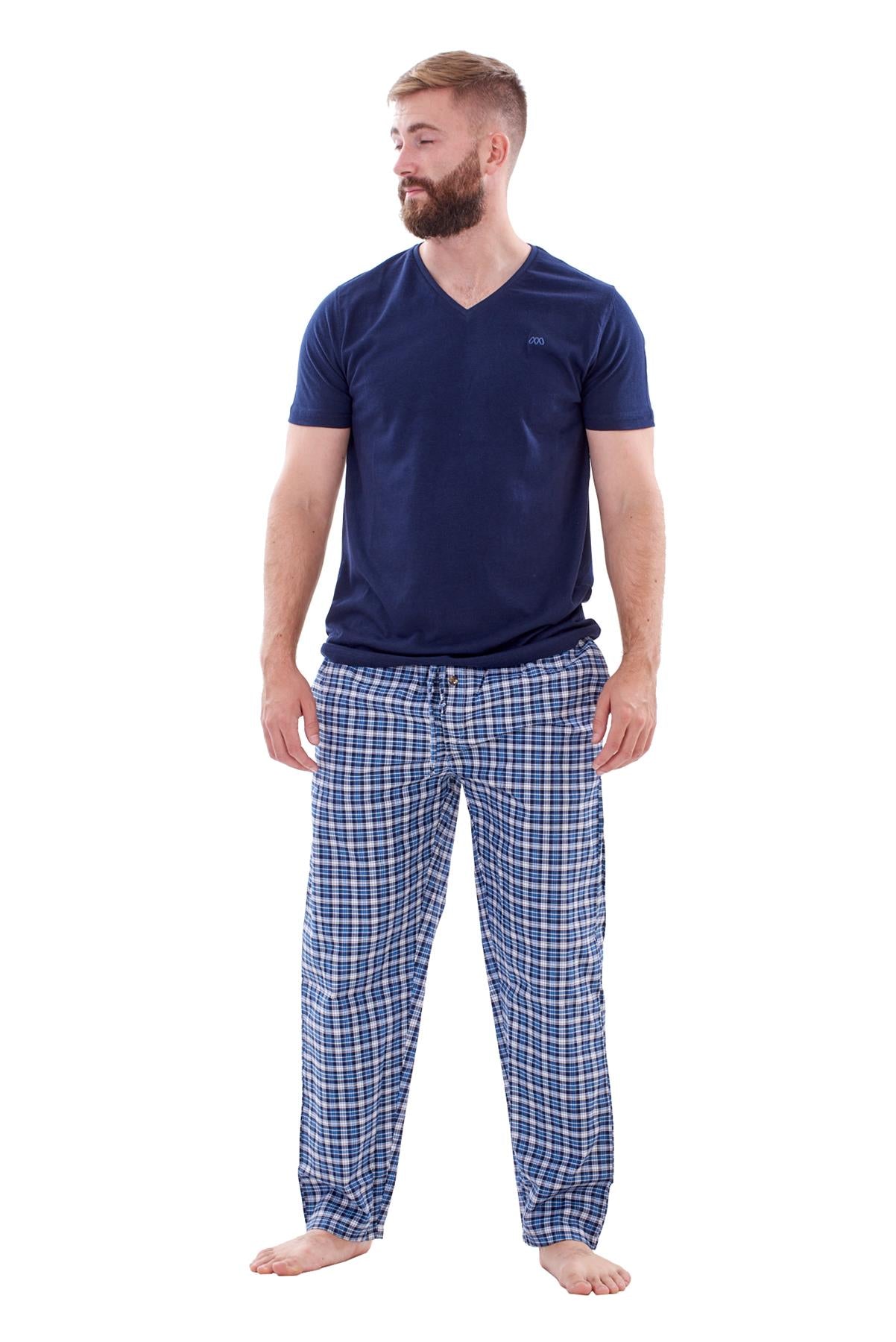 Mens Nightwear Pyjama Set Woven Cotton Check Jersey Top Loungewear Lightweight