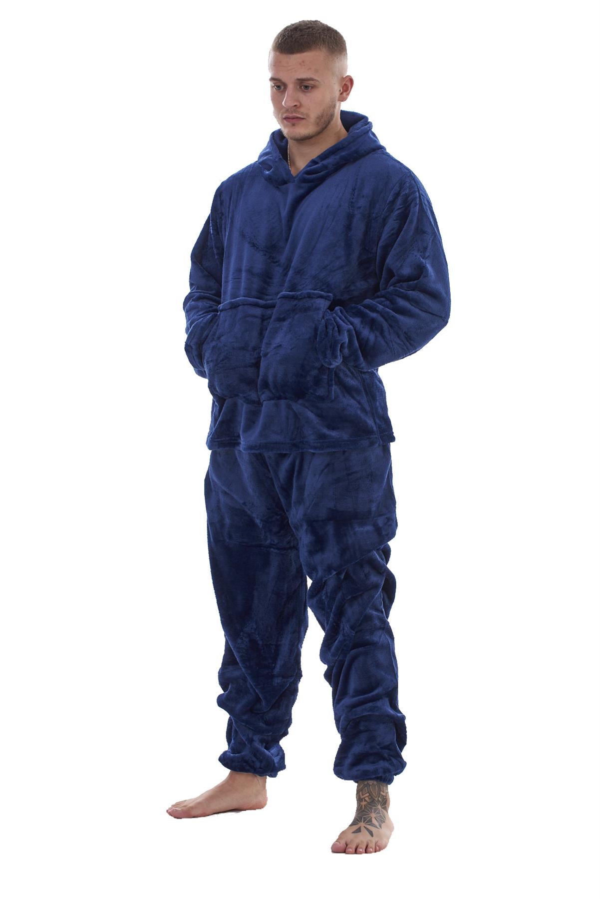 Mens Fleece Flannel Pyjama Set Hooded Warm Winter Loungewear M to XXL