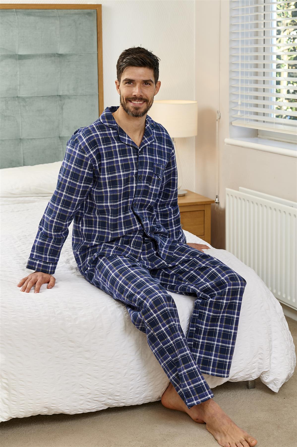 Mens Champion Brushed Cotton Thermal Blue Check Warm Pyjamas / Nightshirt M-5XL
