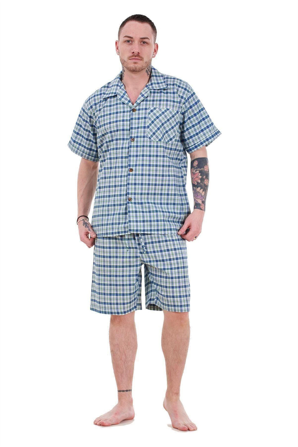 Mens Yarn Dyed Woven Pyjama Set Regular Big Size Check Cotton Blend Shorts M-5XL