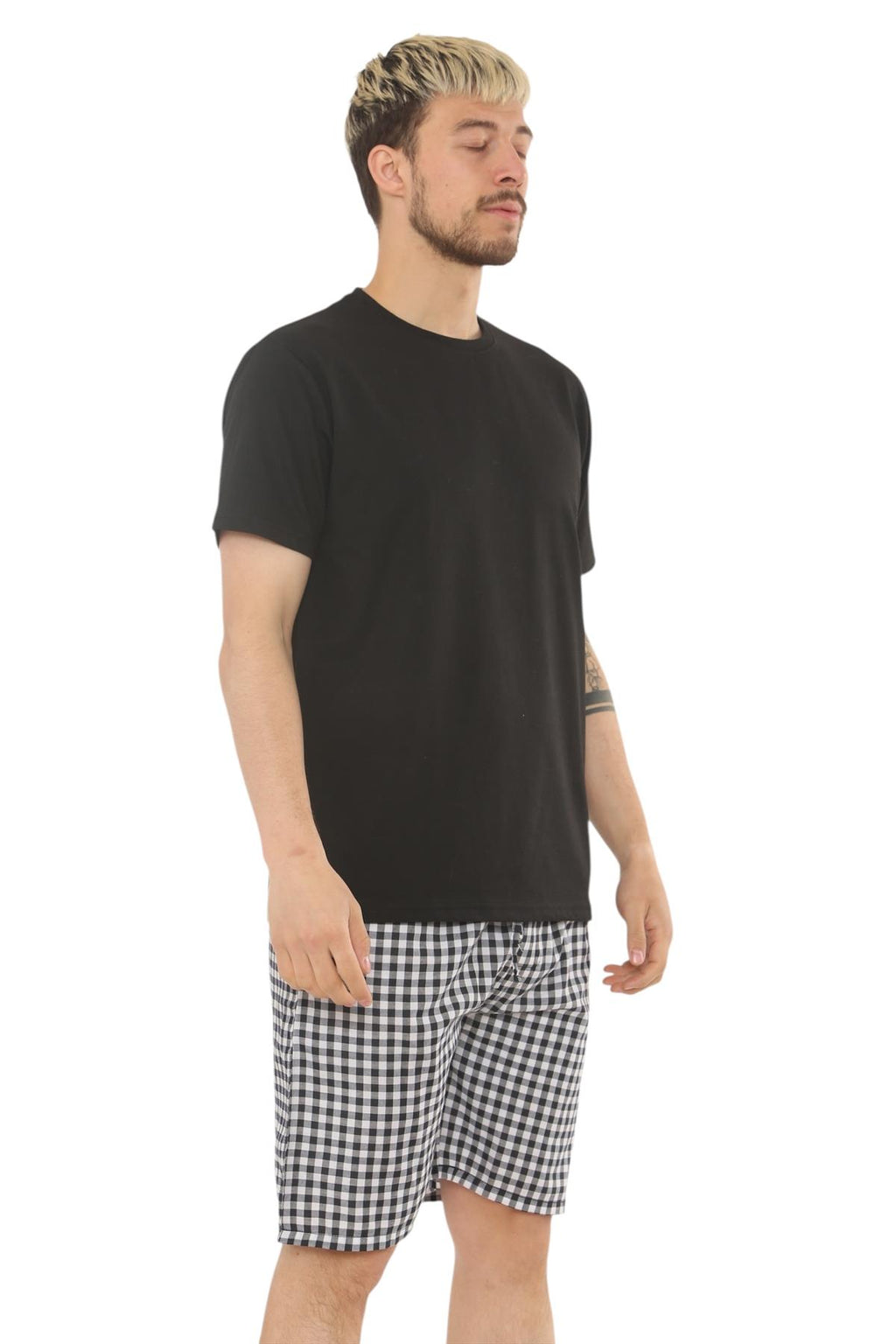 Mens Check Cotton Pyjama Set T-Shirt Woven Shorts Lounge Sleepwear Nightwear Set