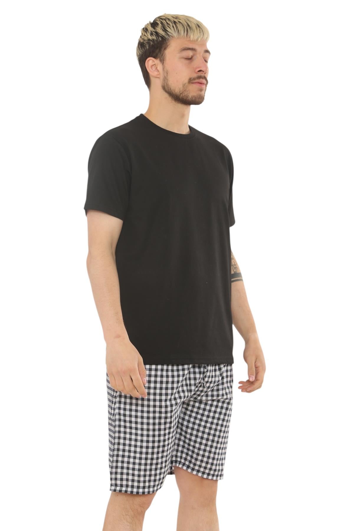Mens Check Cotton Pyjama Set T-Shirt Woven Shorts Lounge Sleepwear Nightwear Set