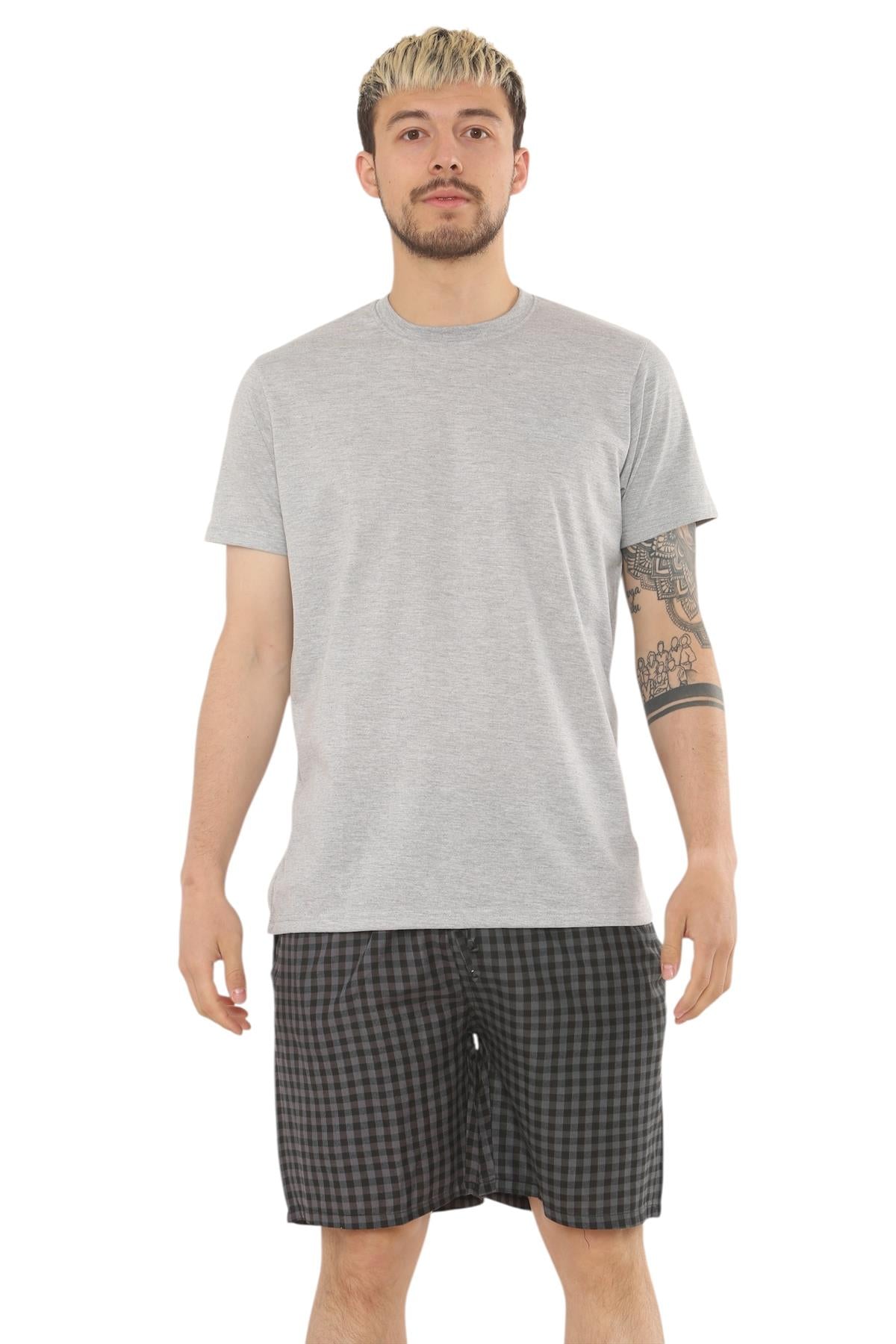 Mens Check Cotton Pyjama Set T-Shirt Woven Shorts Lounge Sleepwear Nightwear Set