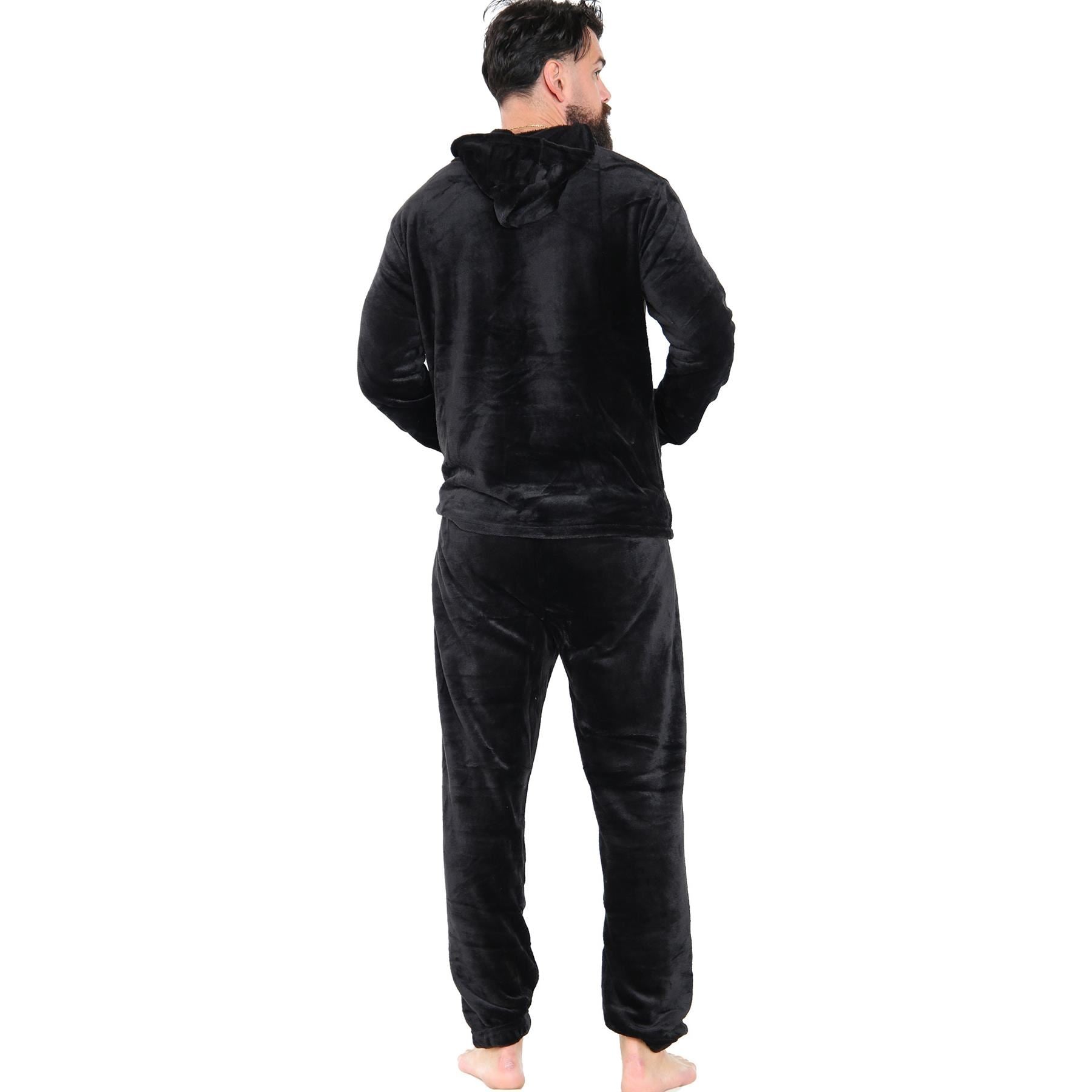 Mens Pyjamas Soft Warm Fleece Adults Hooded Pyjamas 2 Piece Gift Set For Mens