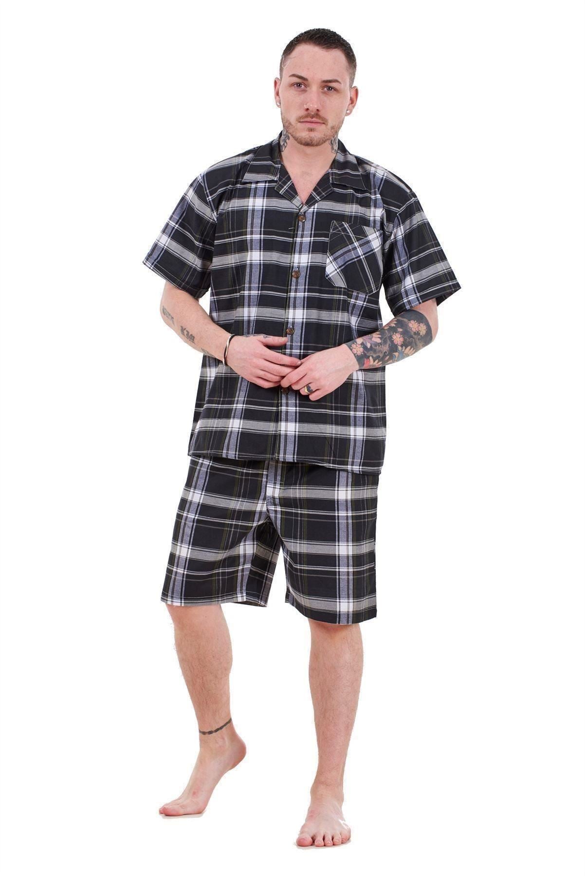 Mens Yarn Dyed Woven Pyjama Set Regular Big Size Check Cotton Blend Shorts M-5XL