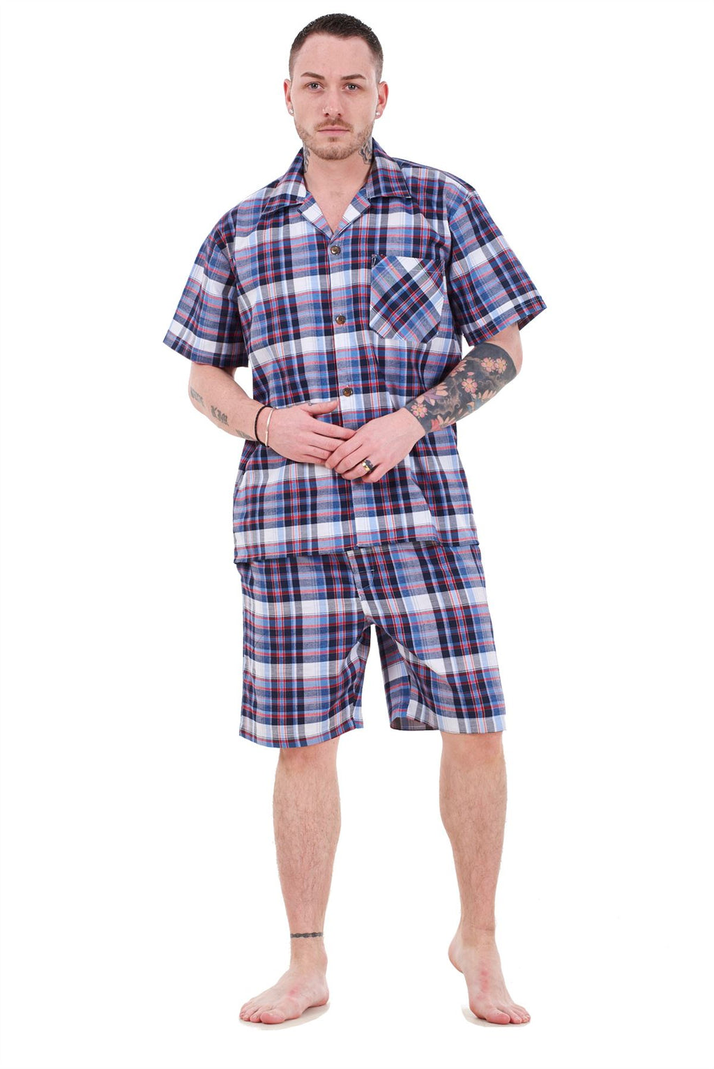 Mens Yarn Dyed Woven Pyjama Set Regular Big Size Check Cotton Blend Shorts M-5XL