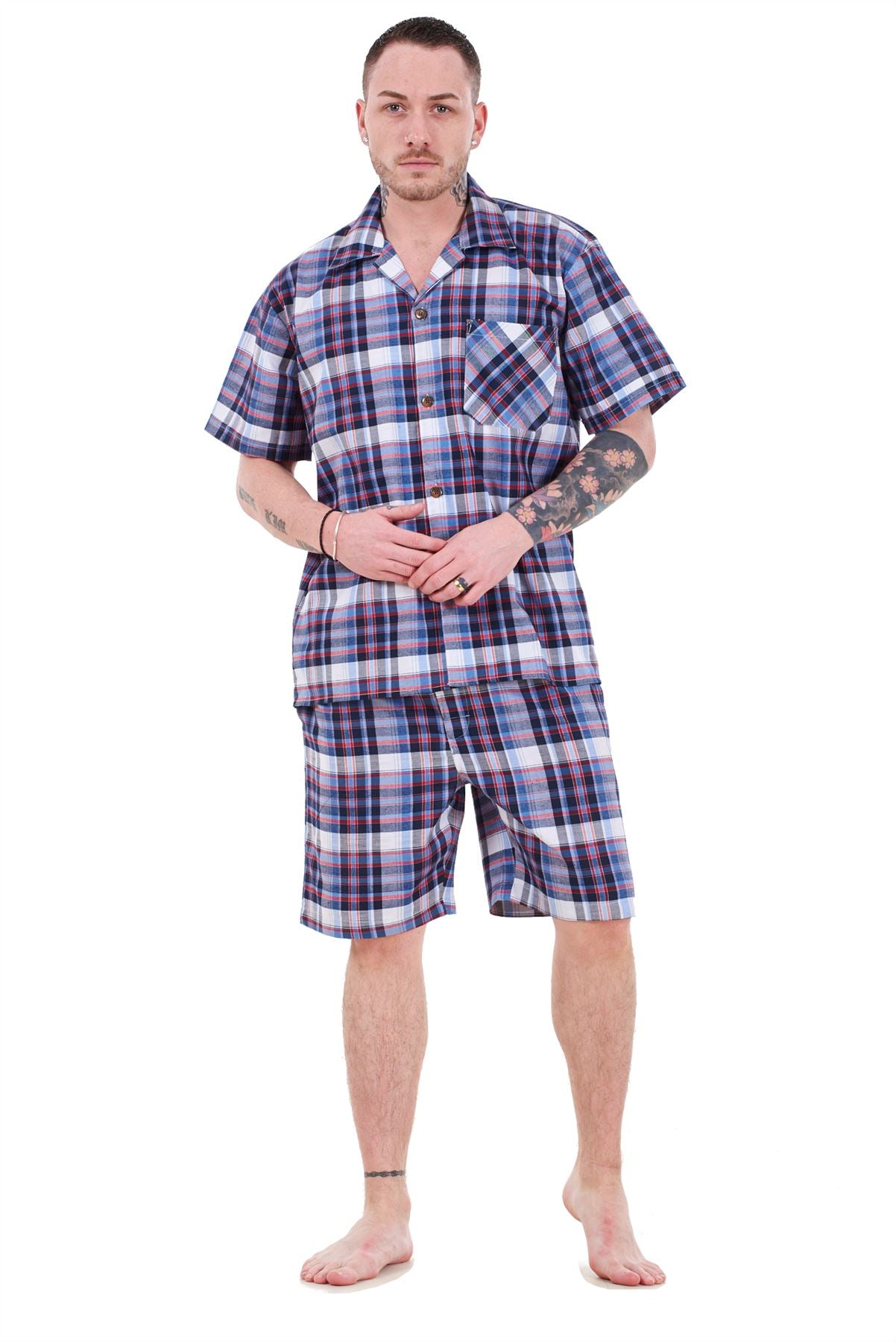 Mens Yarn Dyed Woven Pyjama Set Regular Big Size Check Cotton Blend Shorts M-5XL