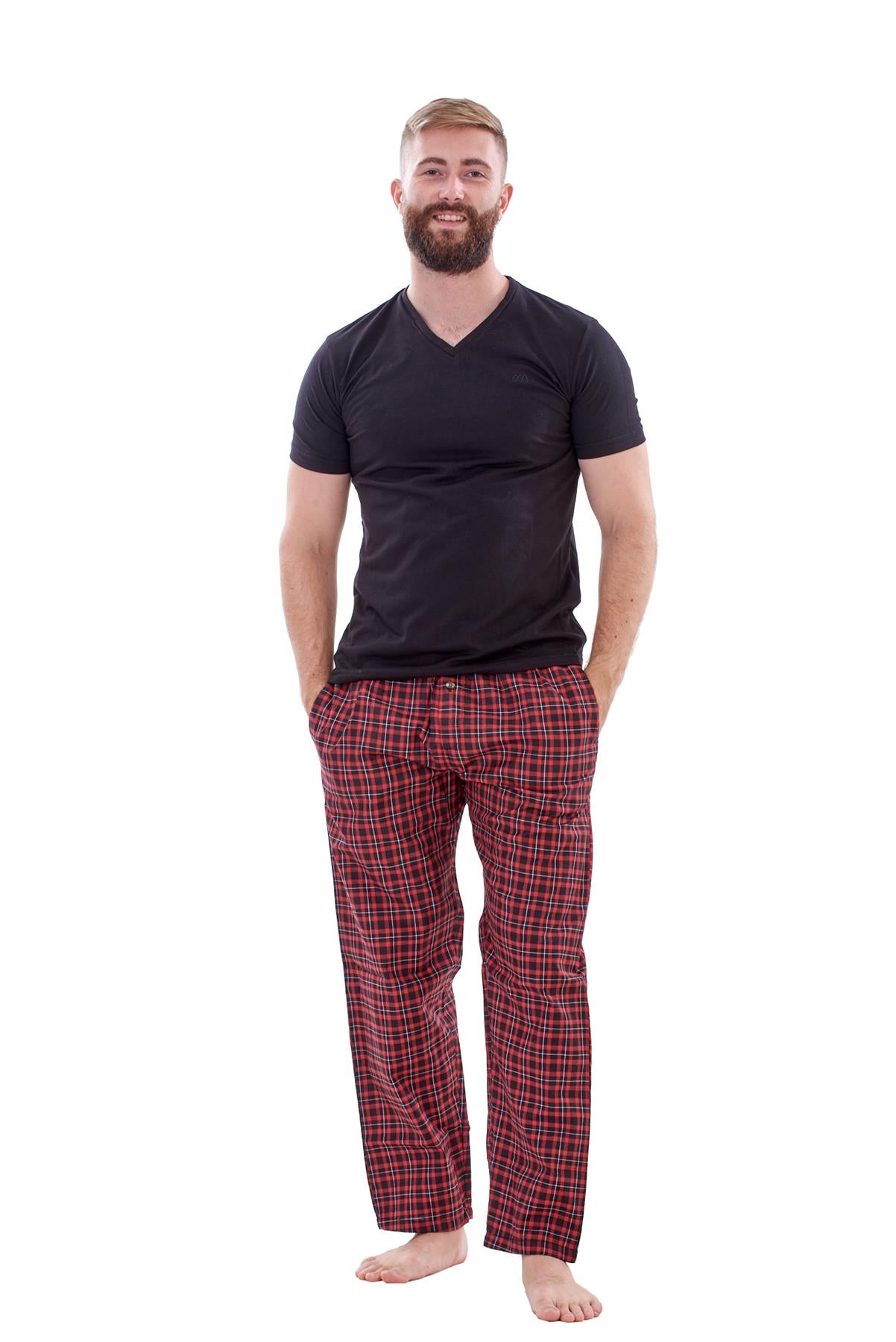 Mens Nightwear Pyjama Set Woven Cotton Check Jersey Top Loungewear Lightweight