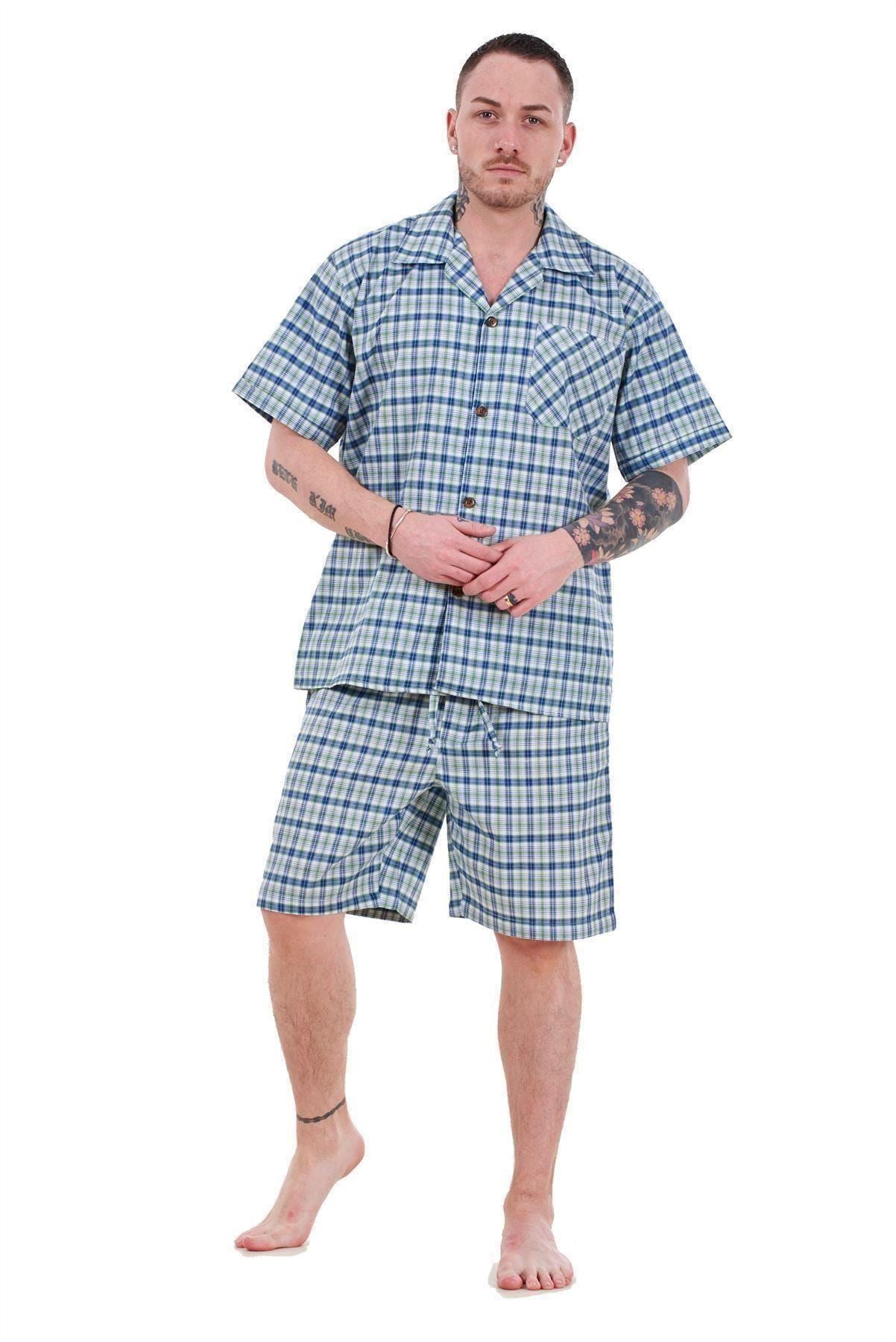Mens Yarn Dyed Woven Pyjama Set Regular Big Size Check Cotton Blend Shorts M-5XL