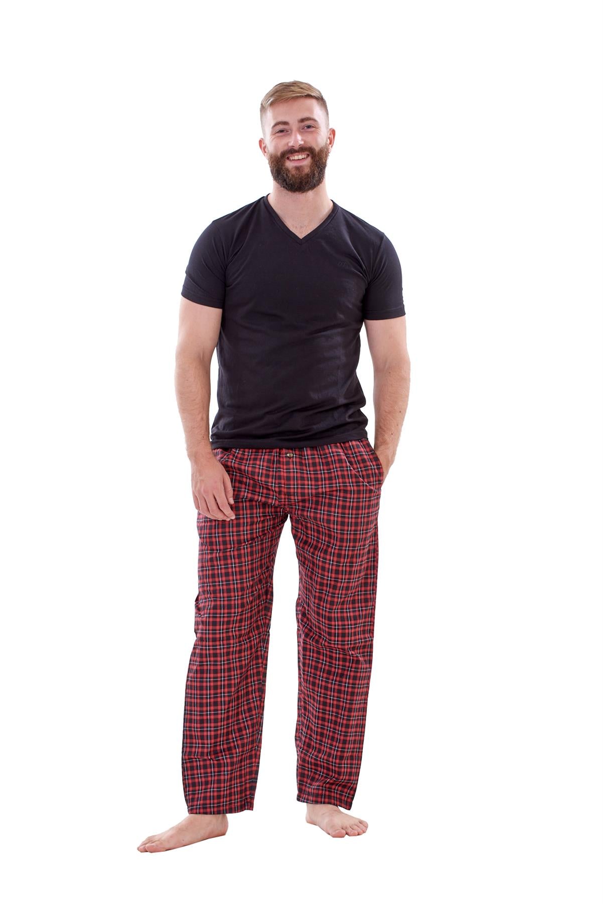 Mens Nightwear Pyjama Set Woven Cotton Check Jersey Top Loungewear Lightweight