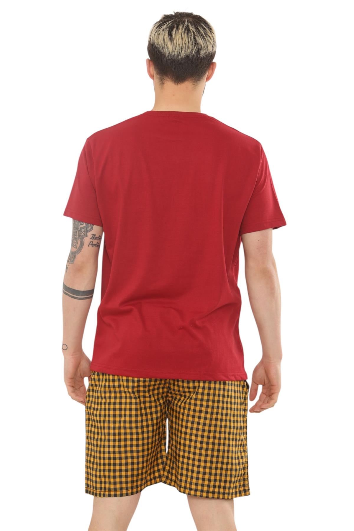 Mens Check Cotton Pyjama Set T-Shirt Woven Shorts Lounge Sleepwear Nightwear Set