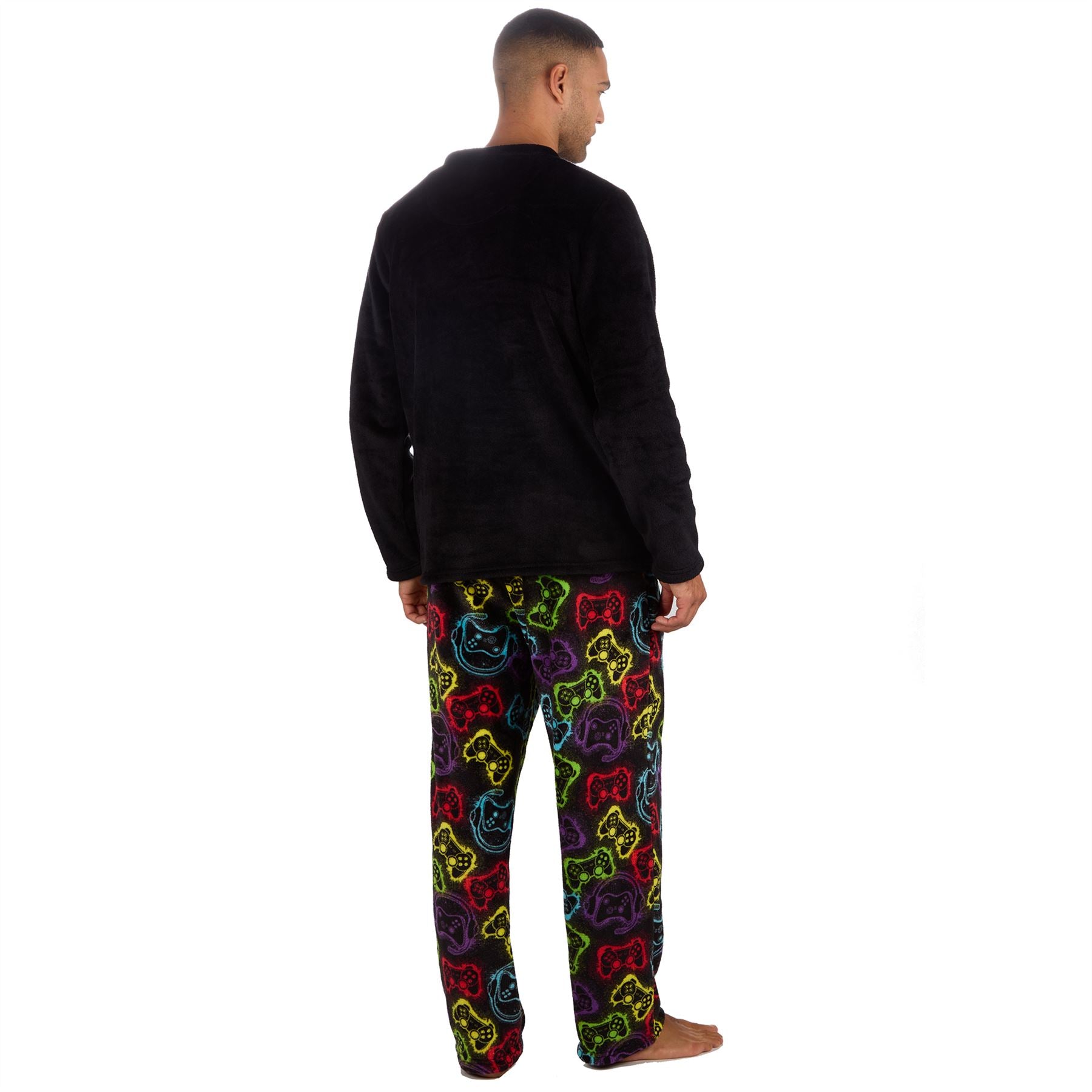 Mens Fleece Pyjamas Long Sleeve Pyjama Set Gamer Gaming Check Size S-XXL